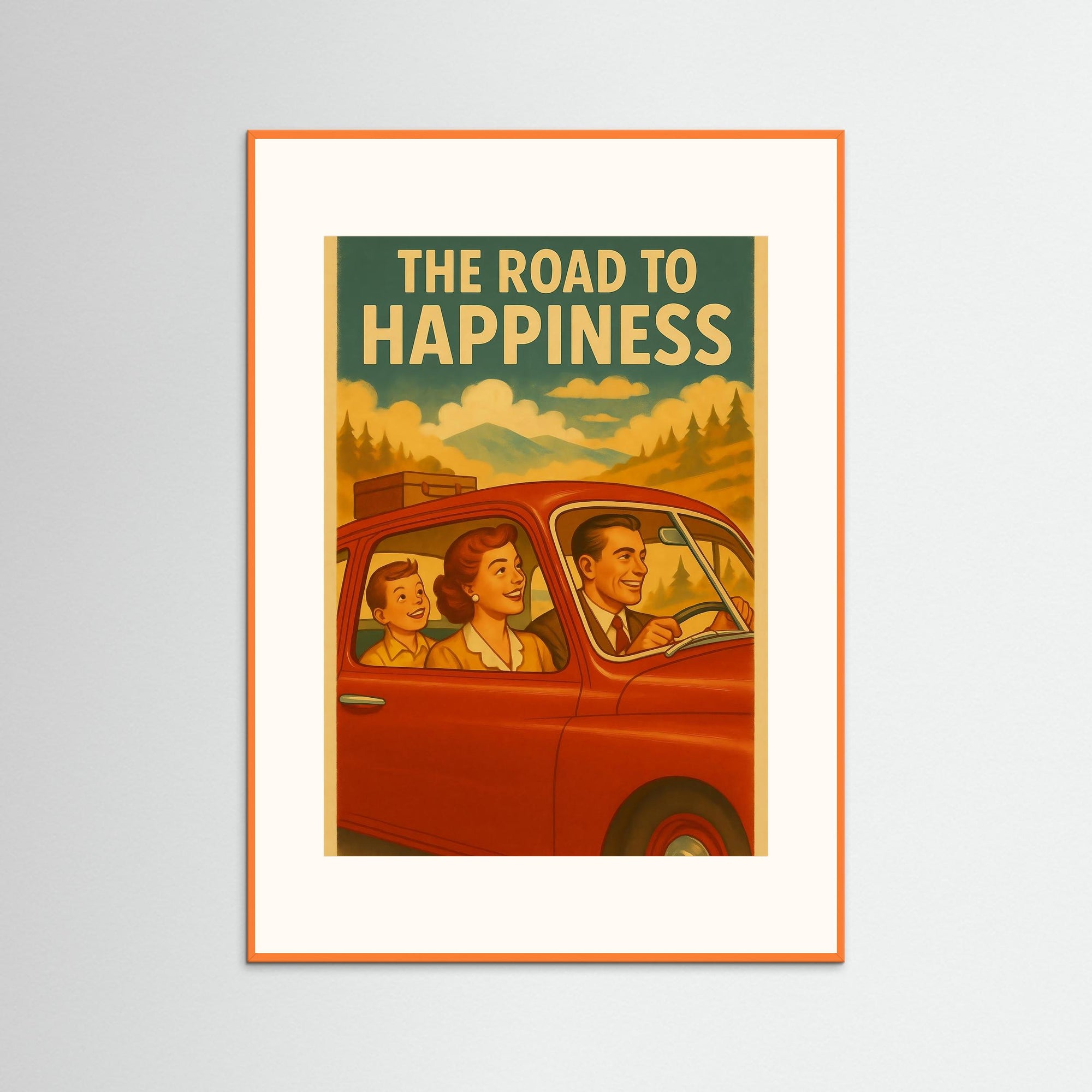 The Road to Happiness als Kunstwerk mit orangem Echtholzrahmen