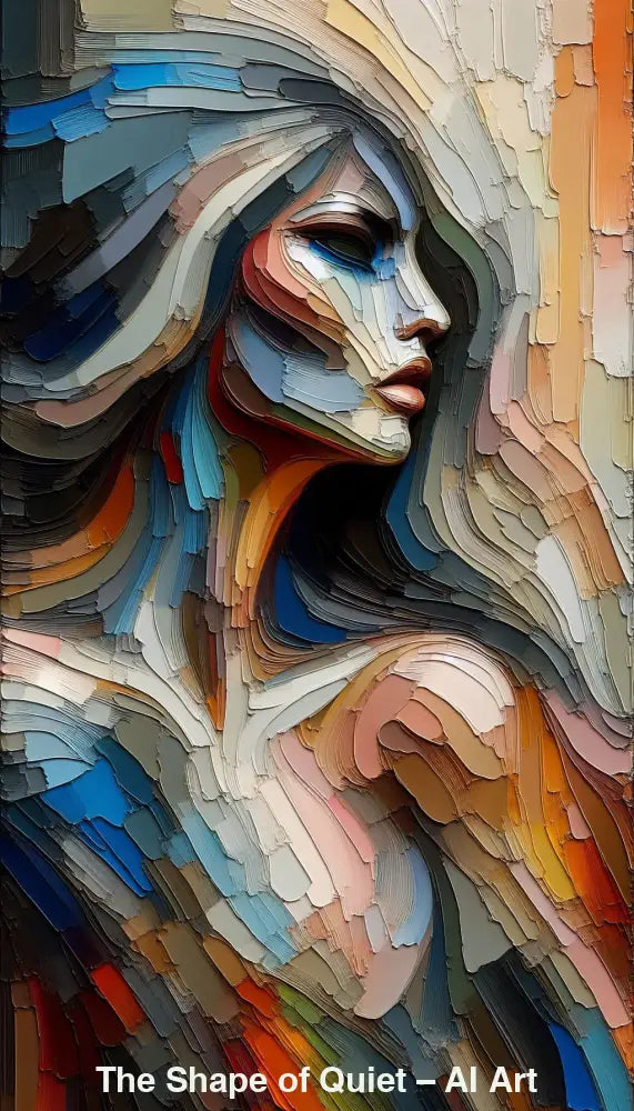 The Shape of Quiet – AI Art, ruhiges Frauenporträt aus geschichteten Farbstrukturen in Blau, Beige und Erdtönen.