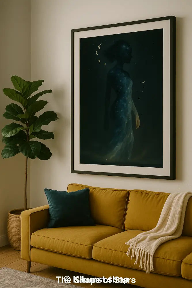 Digitales Kunstwerk einer galaktischen Frauenfigur mit Sternenmotiv vor dunklem Hintergrund, modern gerahmt im Wohnzimmer.