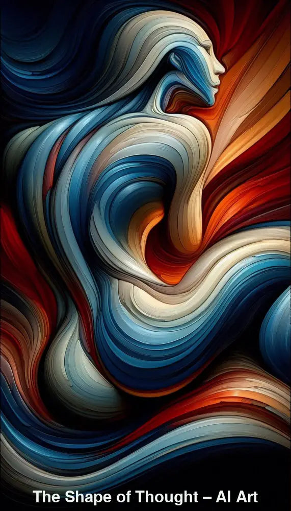 Abstraktes AI-Kunstwerk mit fließendem menschlichem Profil in Blau und Rot, das Gedanken, Emotionen und innere Bewegung darstellt