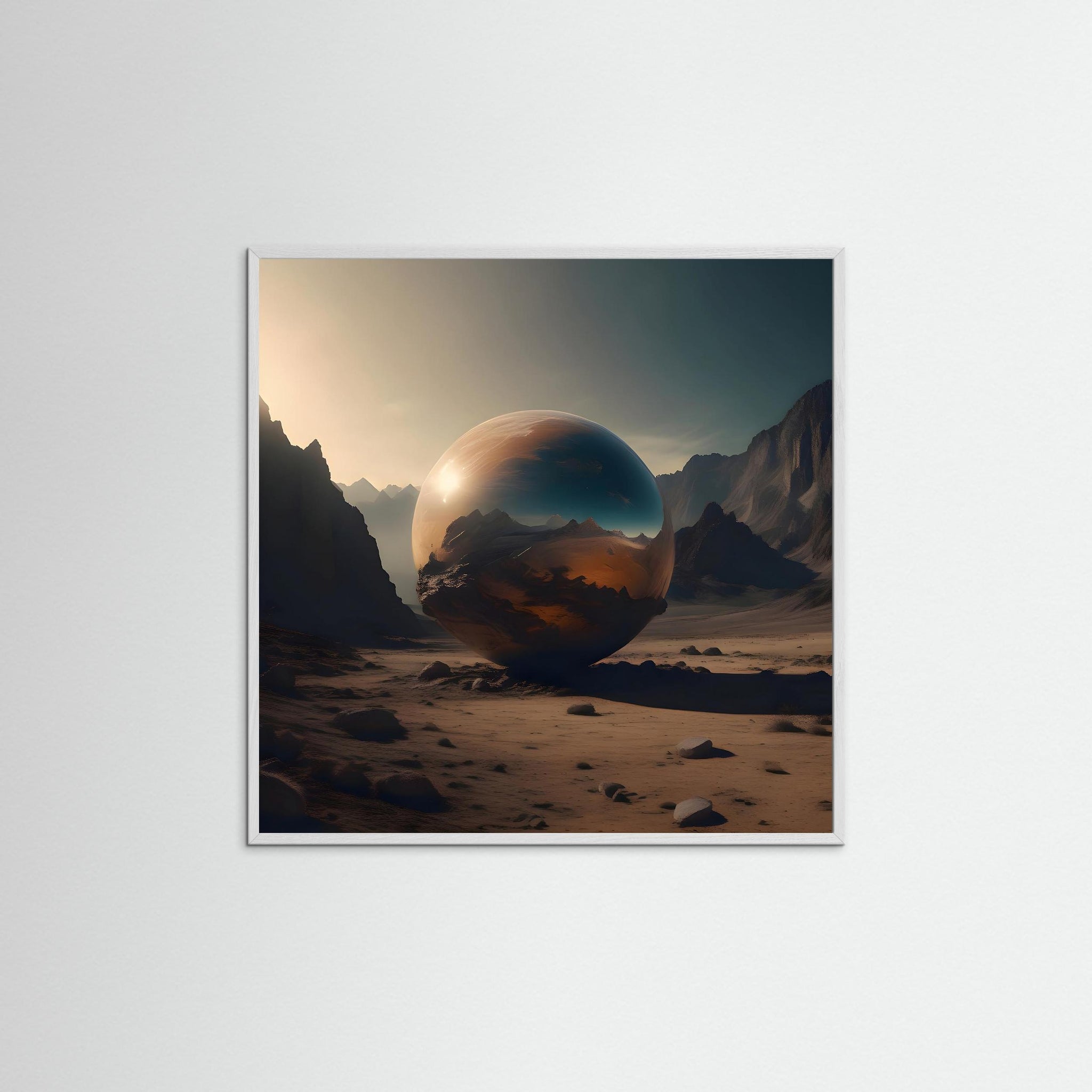 The Silent Sphere als Kunstmotiv mit weißem Echtholzrahmen