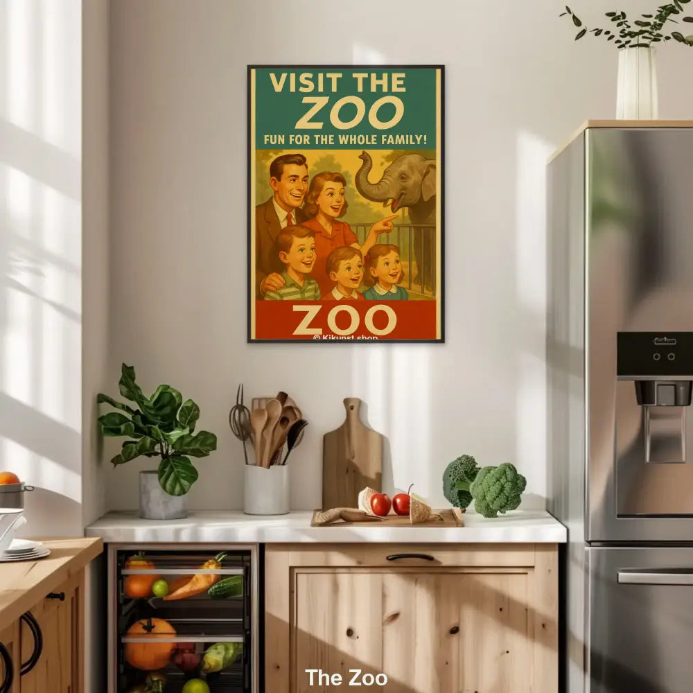 Fröhliche Familie betrachtet einen Elefanten in einem Zoo, gestaltet im Stil eines nostalgischen Werbeplakats der 1950er Jahre.
