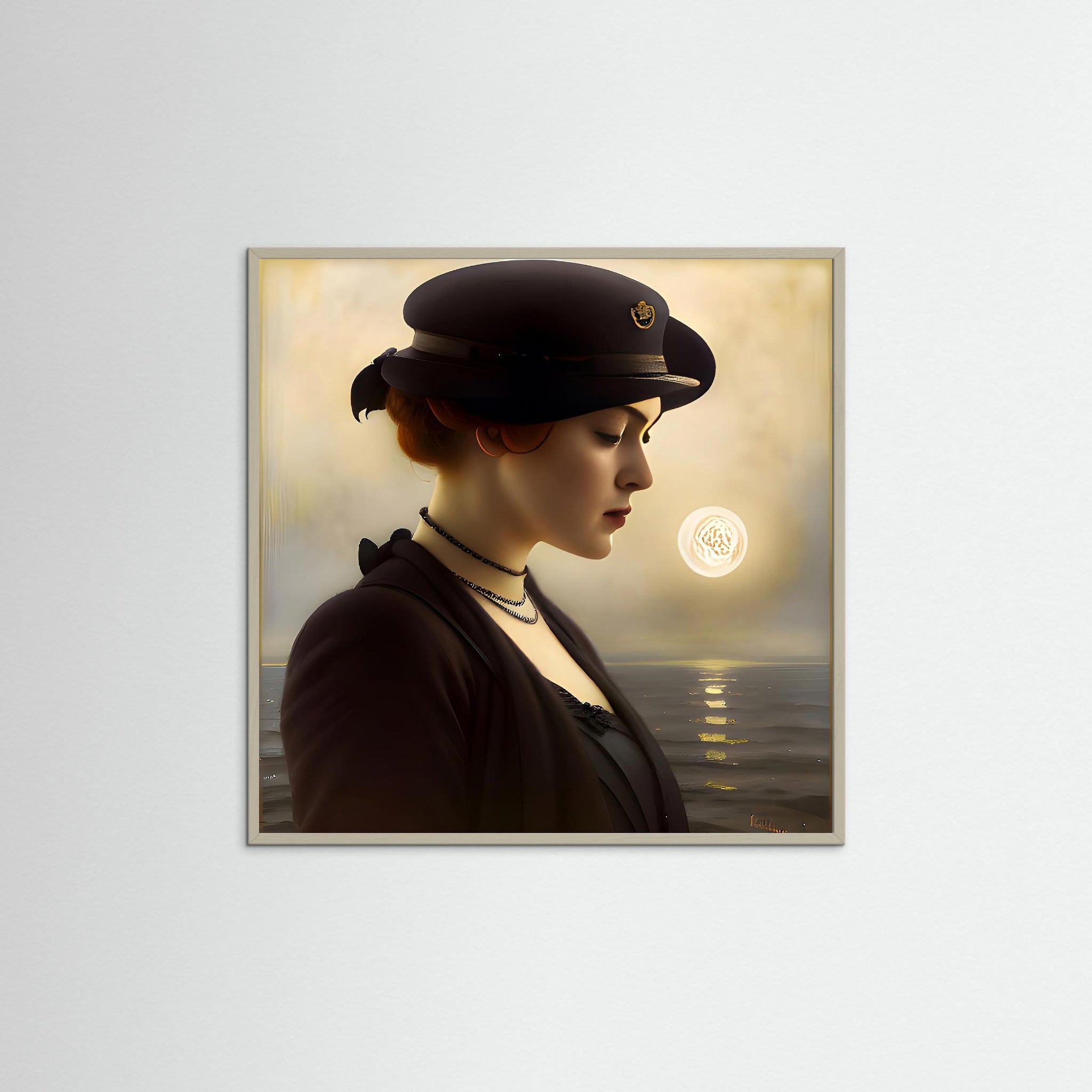 Thinking Woman als Kunstmotiv mit grauem Echtholzrahmen