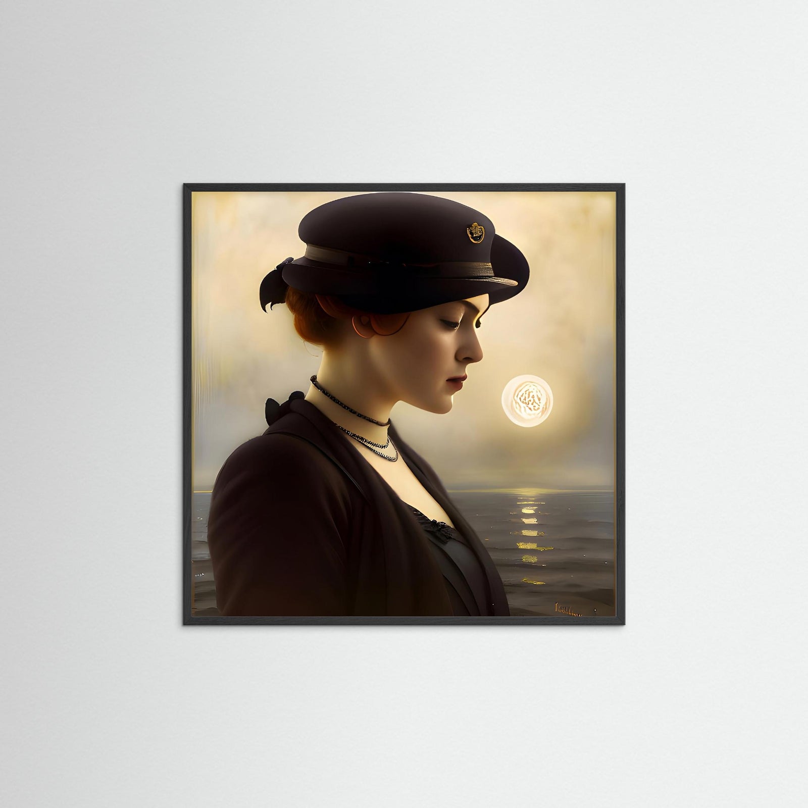Thinking Woman als Kunstwerk mit schwarzem Echtholzrahmen