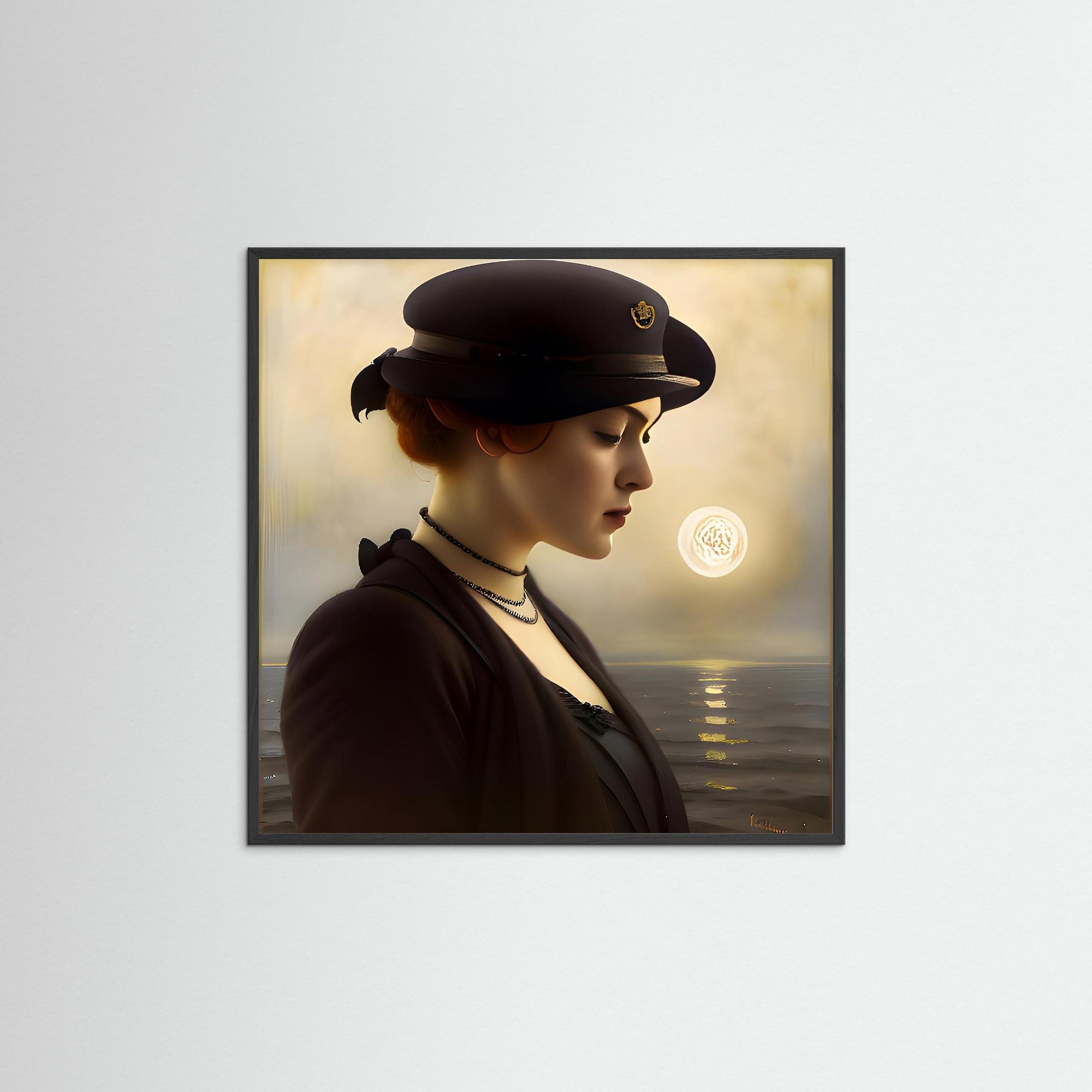 Thinking Woman als Kunstwerk mit schwarzem Echtholzrahmen