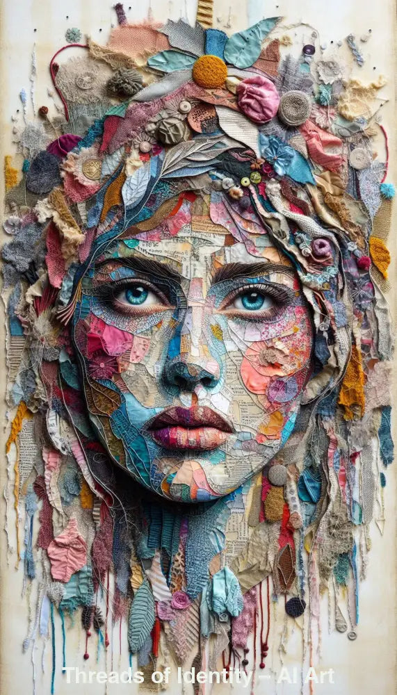 Porträt aus Stoff- und Papiercollage mit intensivem Blick, das Identität, Emotionen und innere Vielschichtigkeit zeigt
