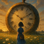 Mädchen steht vor riesiger Uhr in Blumenfeld bei Sonnenuntergang – surreale AI Art mit emotionalem Storytelling