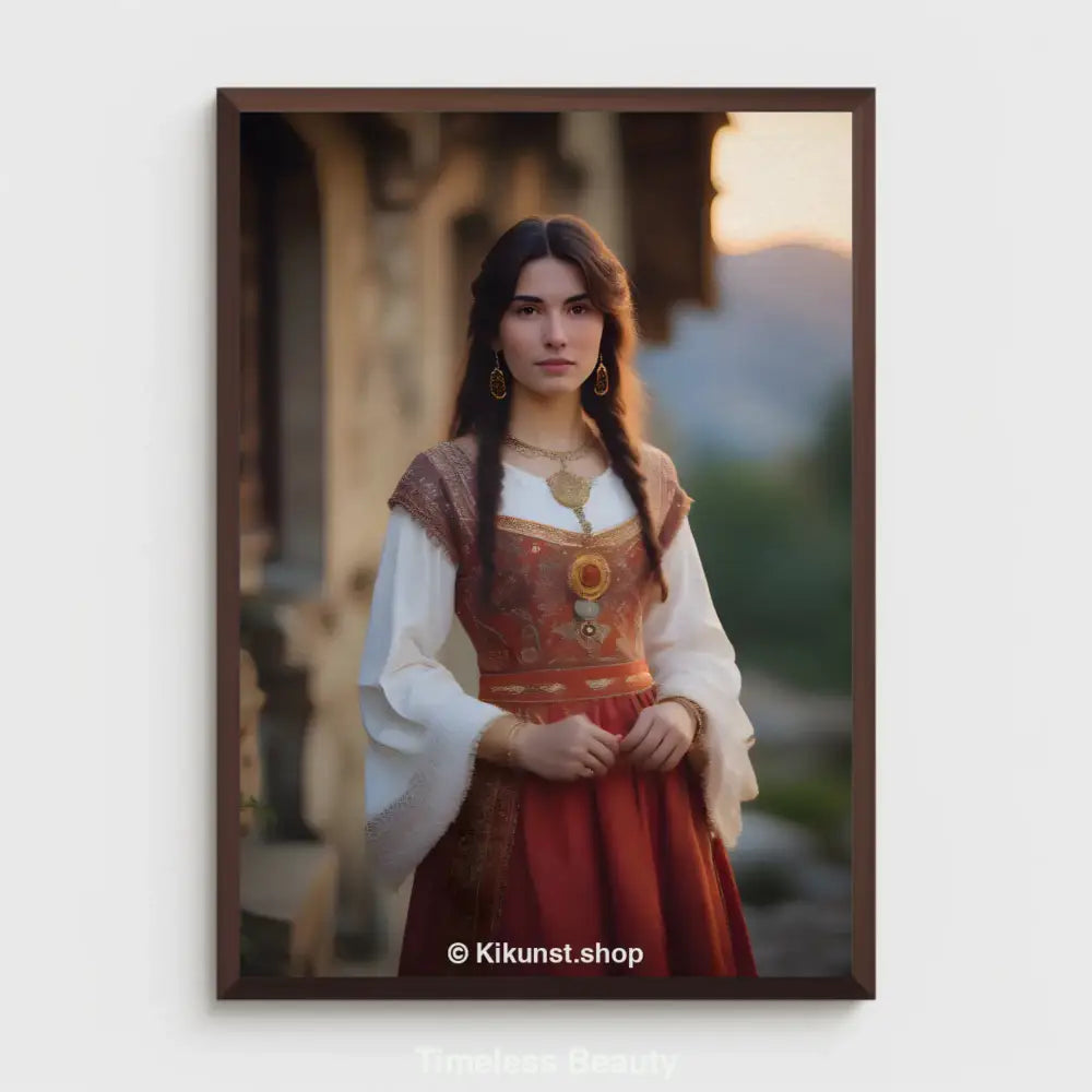 Eine junge Frau in traditionellem, edlem Kleid steht vor historischem Gebäude im warmen Licht der Abendsonne.