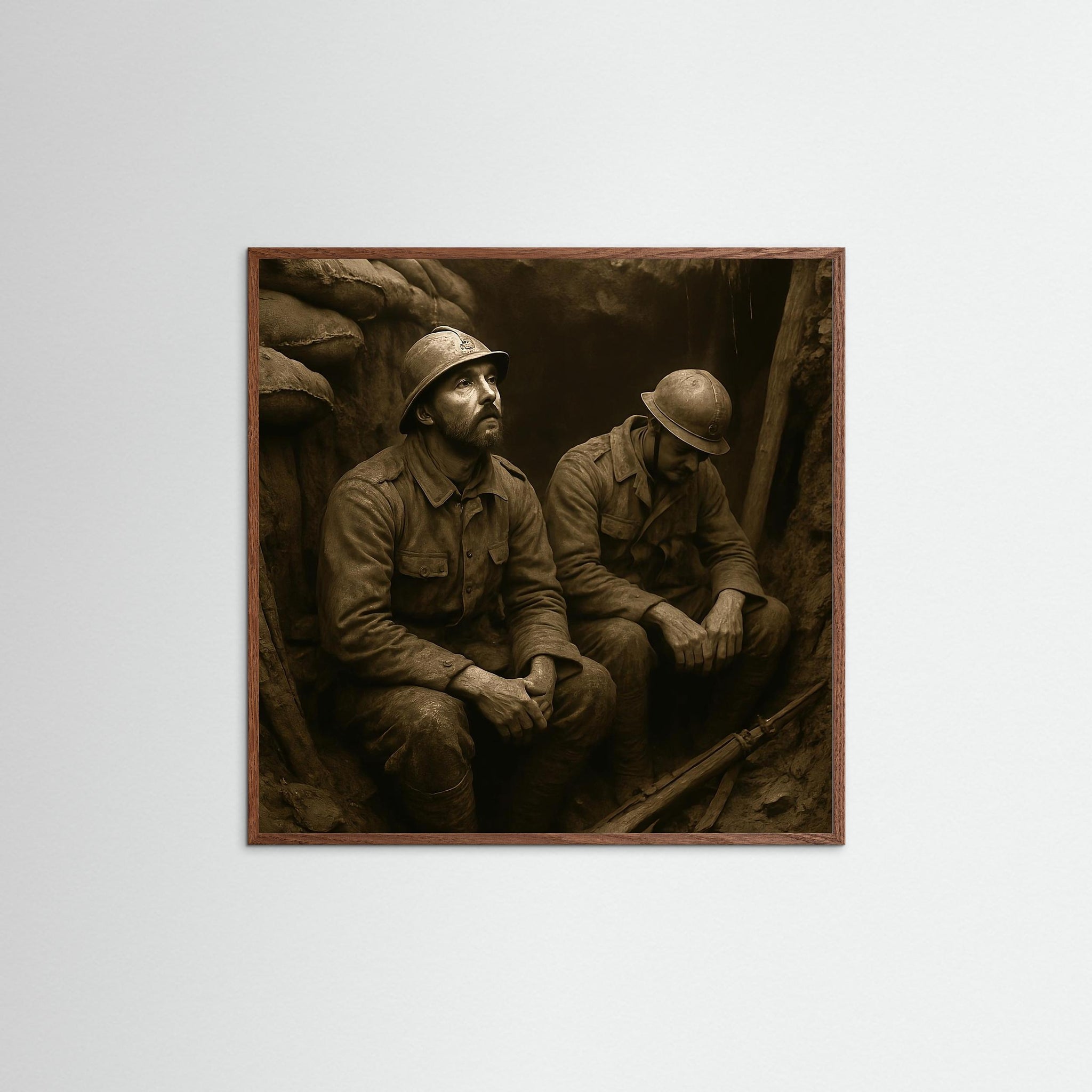 Trench Silence als Kunstmotiv mit Echtholzrahmen in Eiche Dunkel
