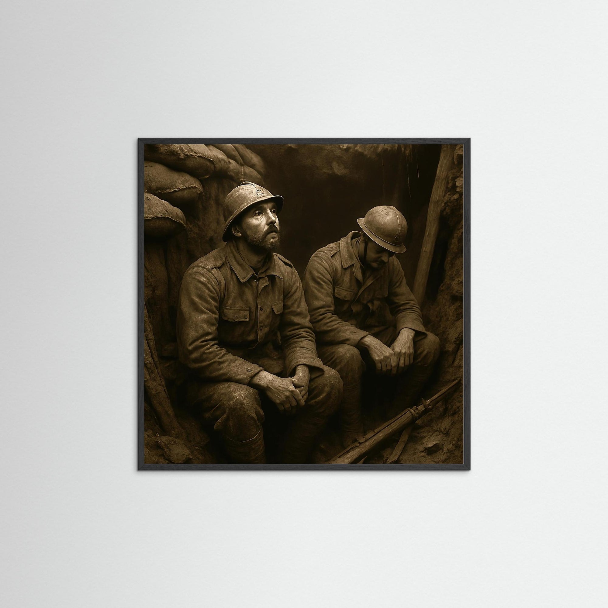 Trench Silence als Kunstwerk mit schwarzem Echtholzrahmen