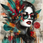 Urban Feathers – AI Art, stilisierte Frau mit bunten Federn, urbaner Graffiti-Stil und moderne Farbkomposition.