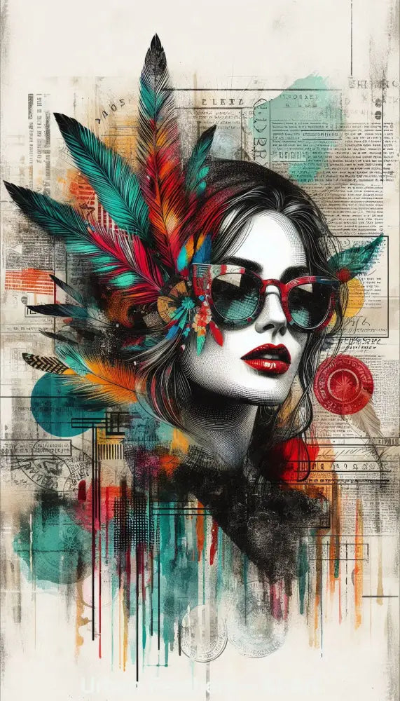 Urban Feathers – AI Art, stilisierte Frau mit bunten Federn, urbaner Graffiti-Stil und moderne Farbkomposition.