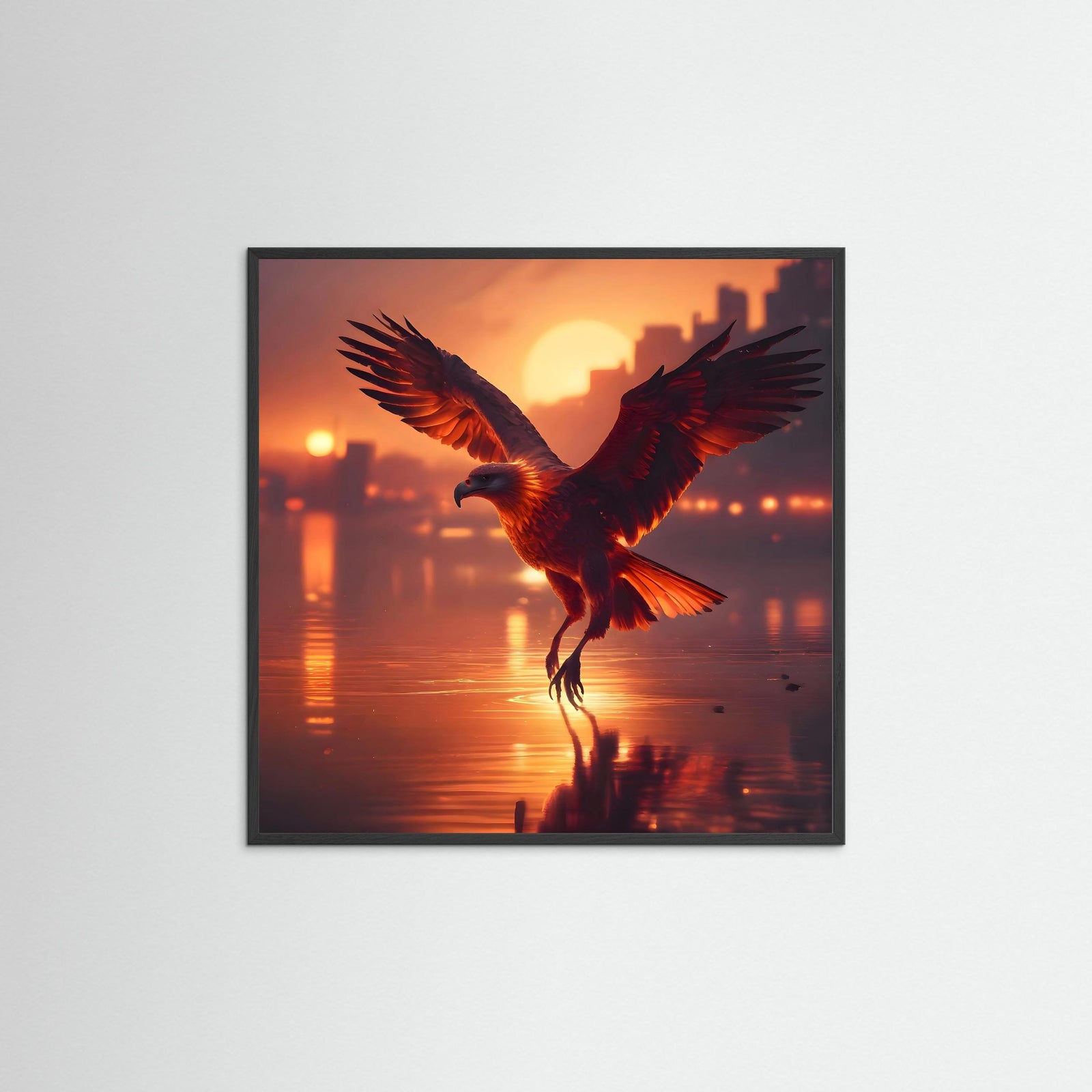 Urban Phoenix als Kunstwerk mit schwarzem Echtholzrahmen