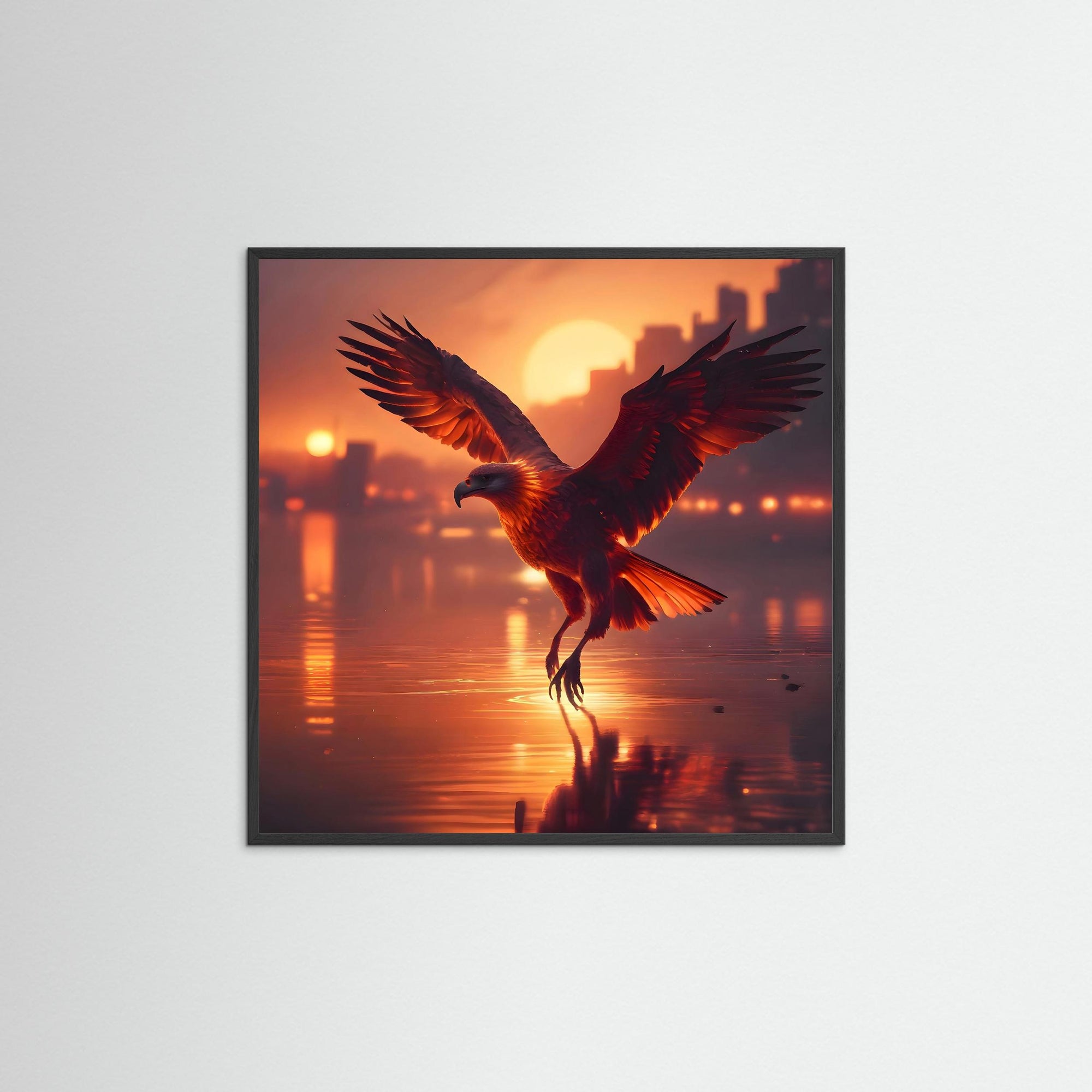 Urban Phoenix als Kunstwerk mit schwarzem Echtholzrahmen