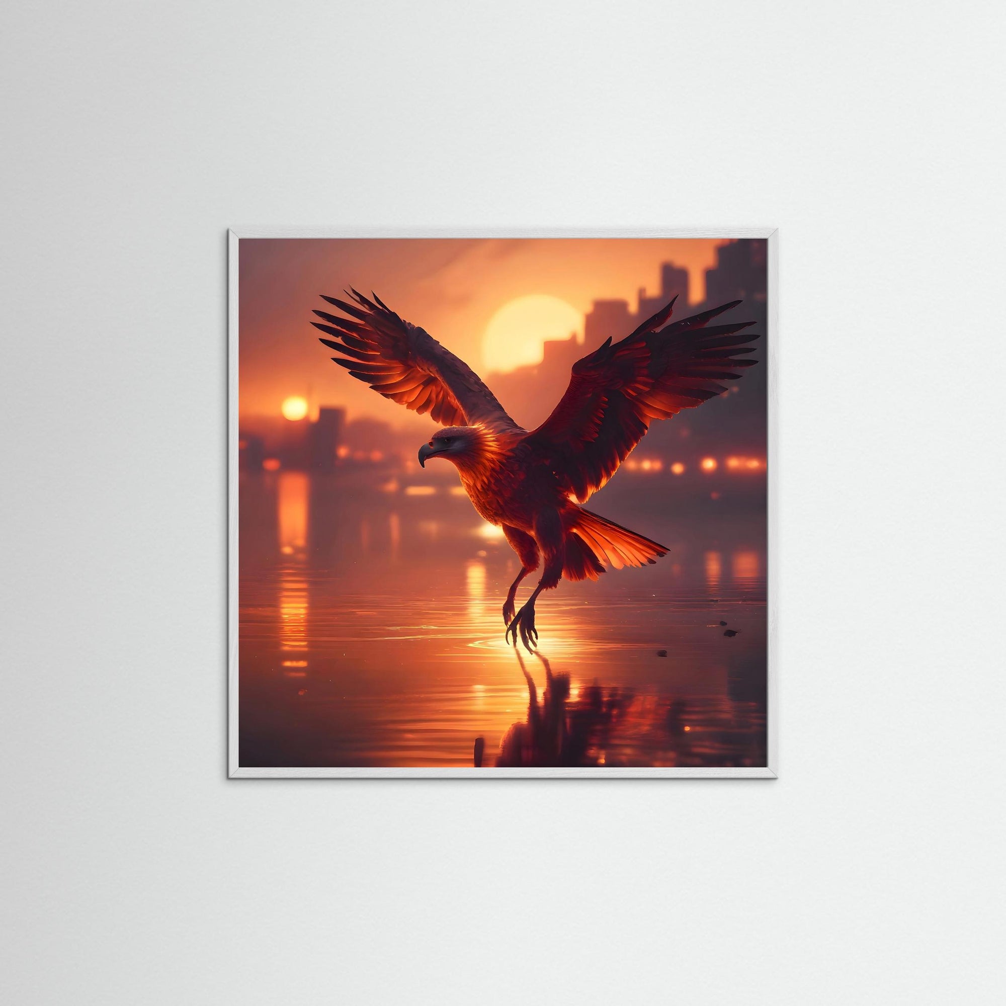 Urban Phoenix als Kunstmotiv mit weißem Echtholzrahmen