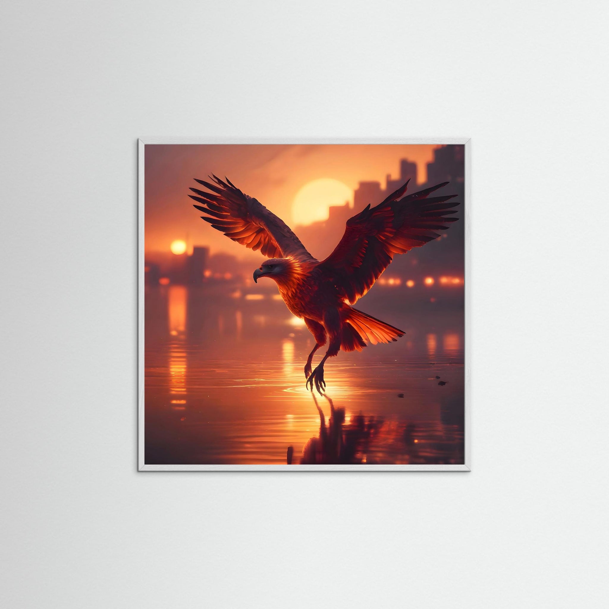 Urban Phoenix als Kunstmotiv mit weißem Echtholzrahmen