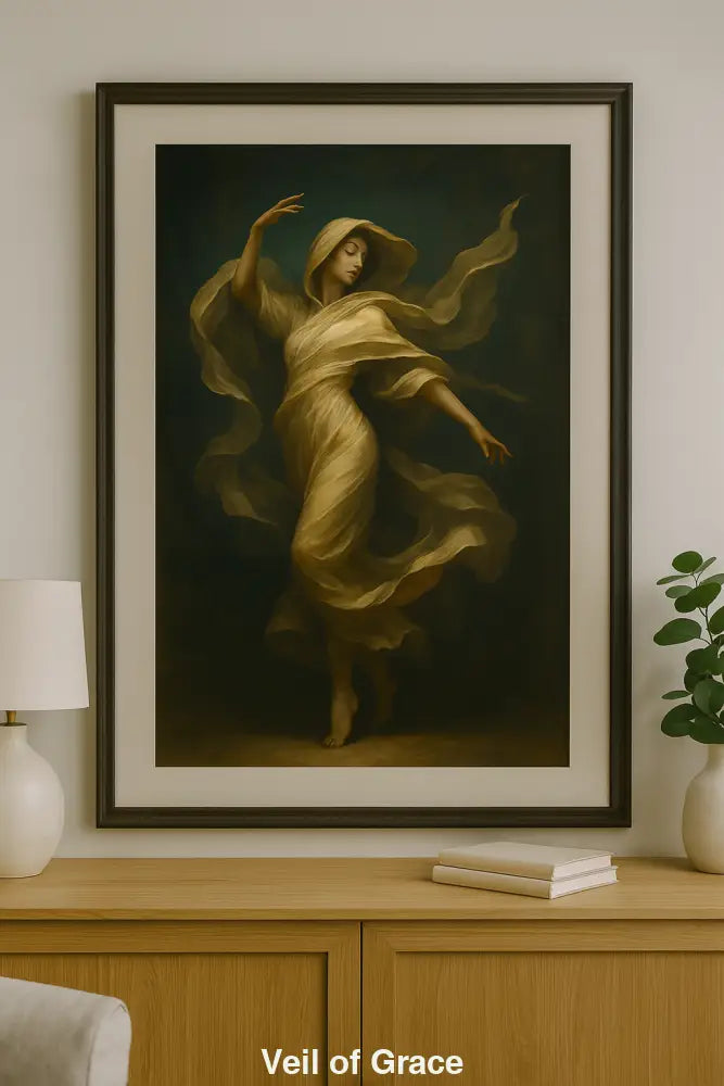 Gerahmtes digitales Ölgemälde einer tanzenden Frau in fließendem Schleierkleid – über Holzkonsole im klassischen Interieur mit Keramikdeko.