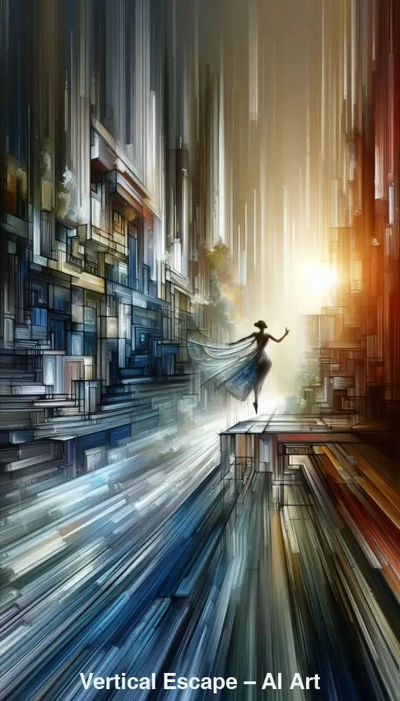 Abstrakte Figur springt zwischen hohen urbanen Strukturen ins Licht und symbolisiert Freiheit, Mut und vertikale Bewegung