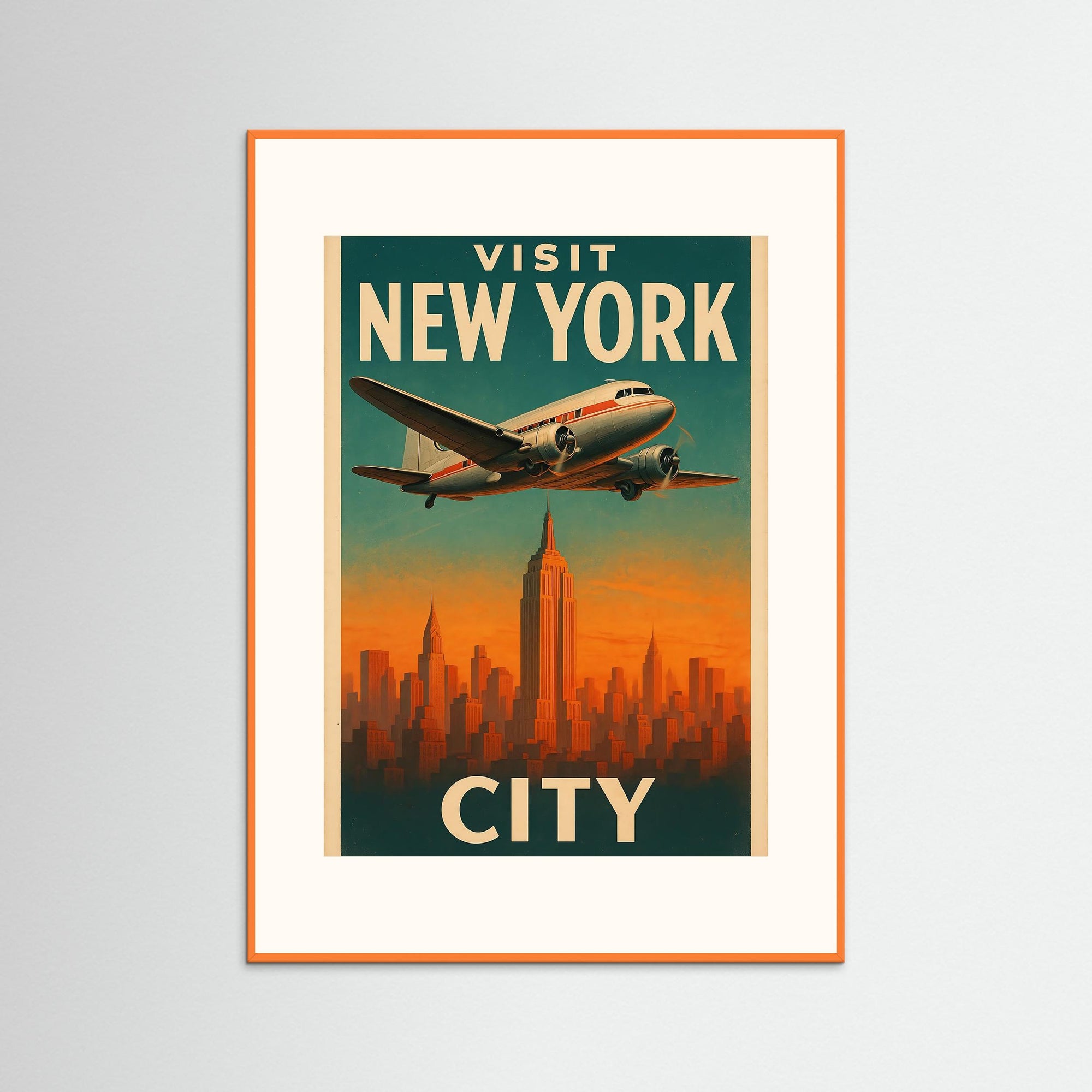Visit New York City als Kunstwerk mit orangem Echtholzrahmen