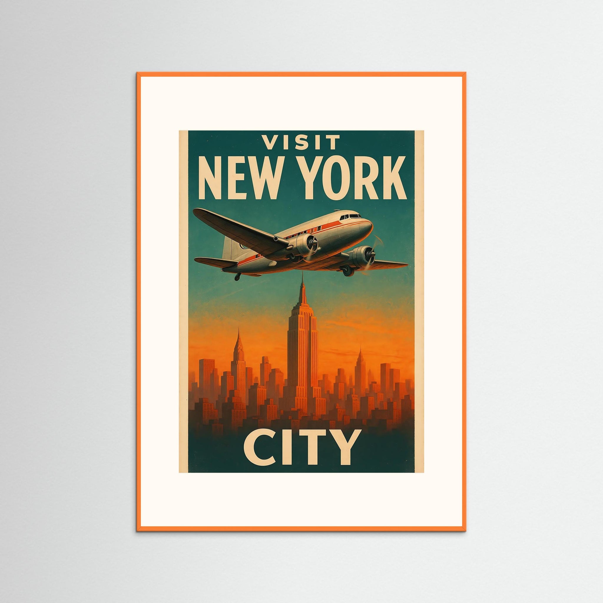 Visit New York City als Kunstwerk mit orangem Echtholzrahmen