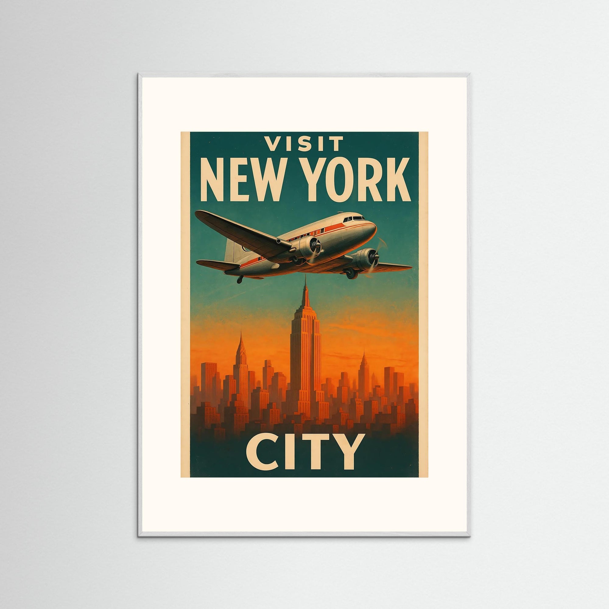 Visit New York City als Kunstmotiv mit weißem Echtholzrahmen