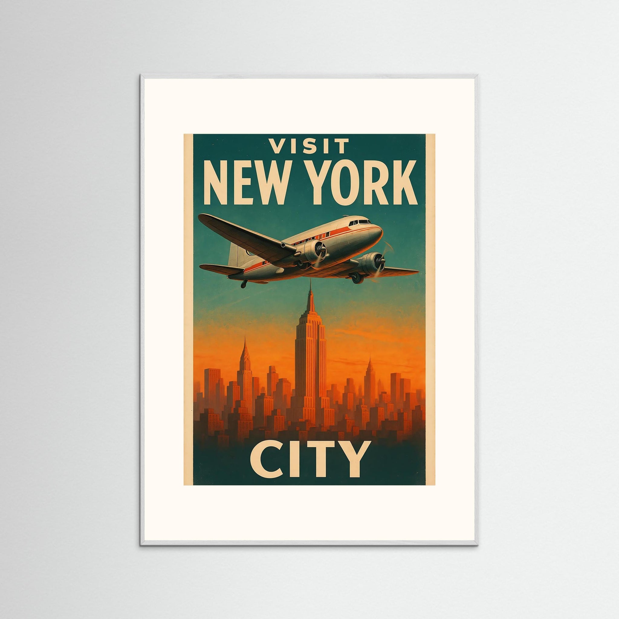 Visit New York City als Kunstmotiv mit weißem Echtholzrahmen