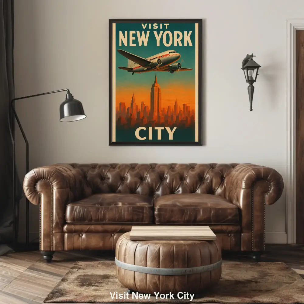 Retro-Poster mit Flugzeug über der New Yorker Skyline bei Sonnenuntergang, der Schriftzug „Visit New York City“ im Vintage-Stil.