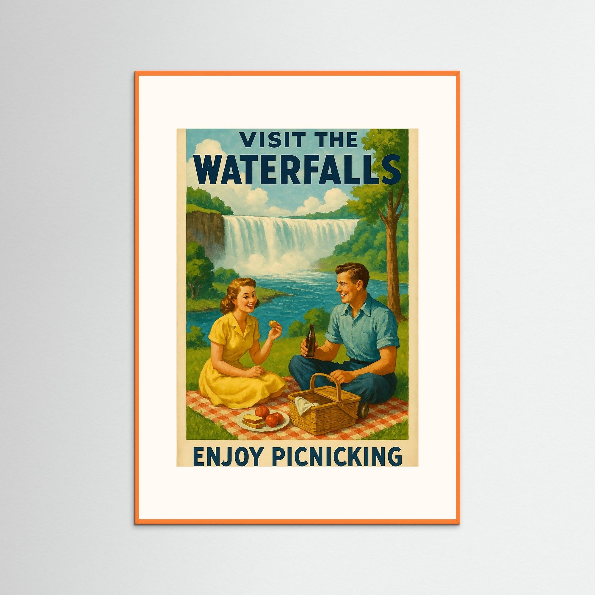 Visit the Waterfalls – Enjoy Picnicking als Kunstwerk mit orangem Echtholzrahmen