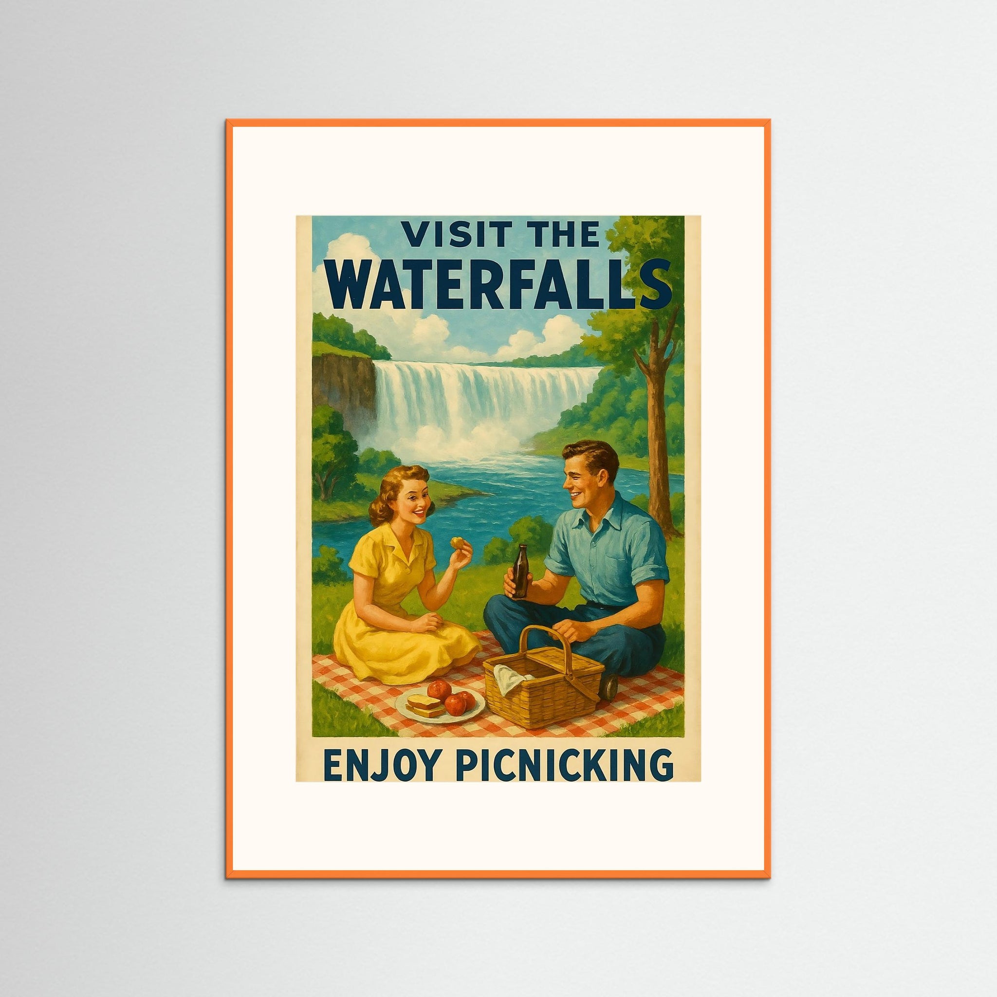 Visit the Waterfalls – Enjoy Picnicking als Kunstwerk mit orangem Echtholzrahmen