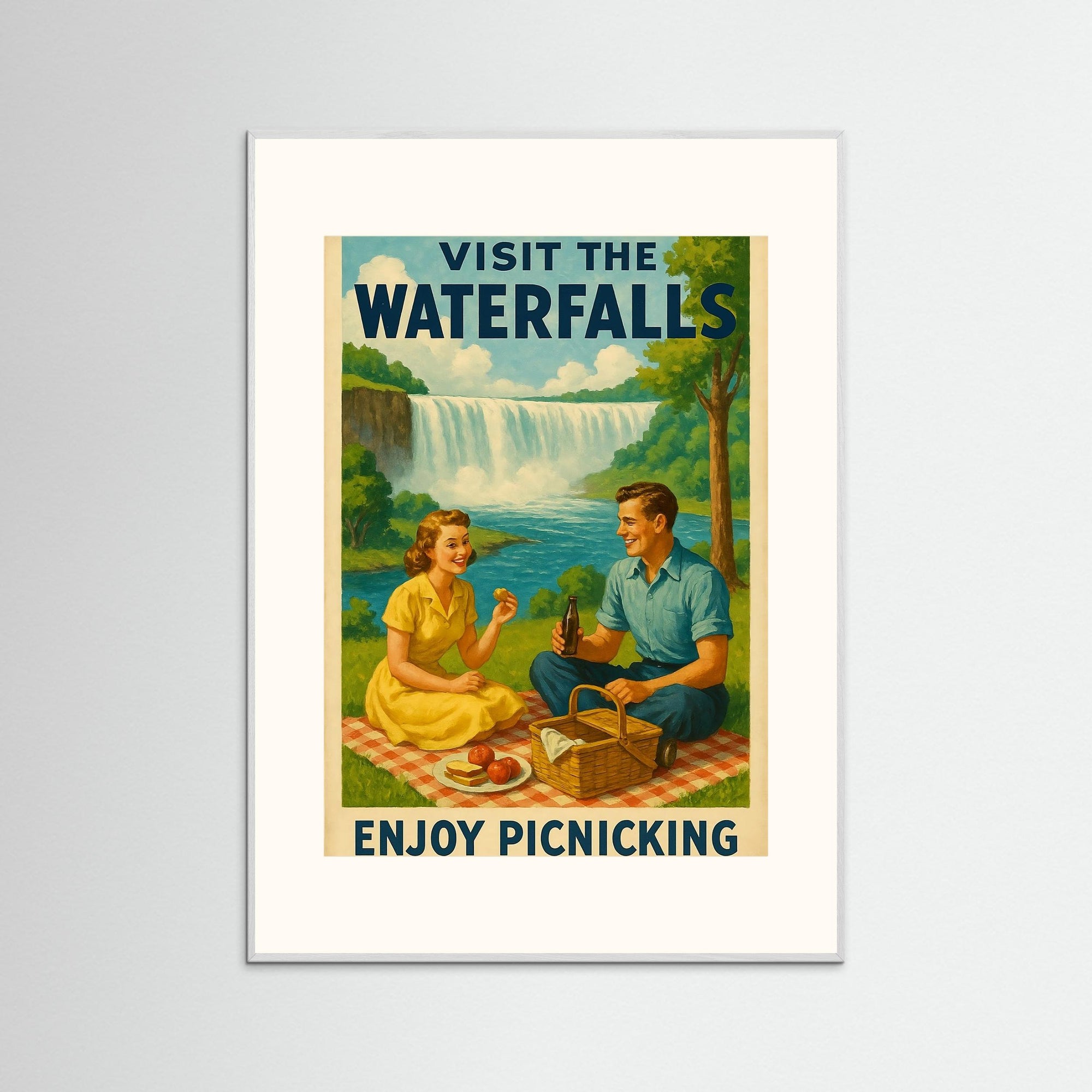 Visit the Waterfalls – Enjoy Picnicking als Kunstmotiv mit weißem Echtholzrahmen