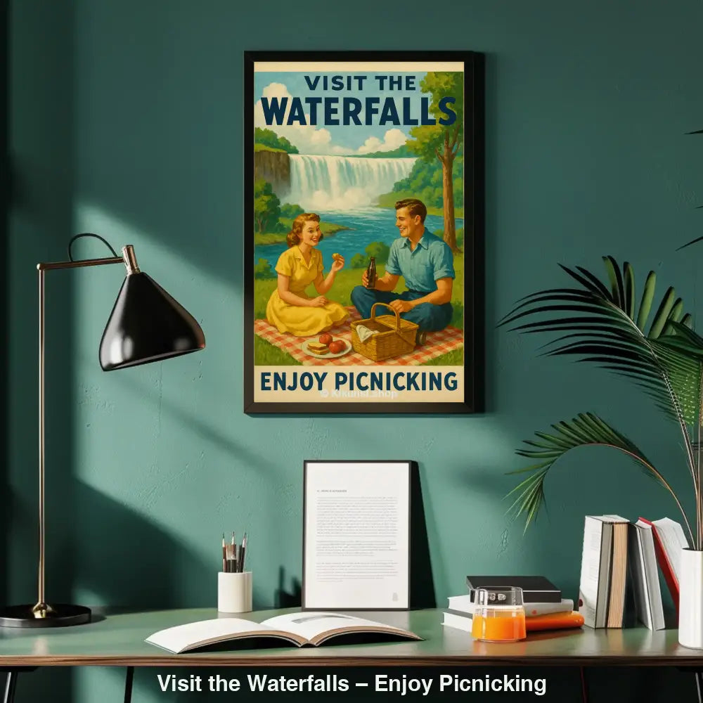 Vintage-Poster mit einem Paar beim Picknick auf einer Wiese nahe einem großen Wasserfall, mit Text „Visit the Waterfalls“.