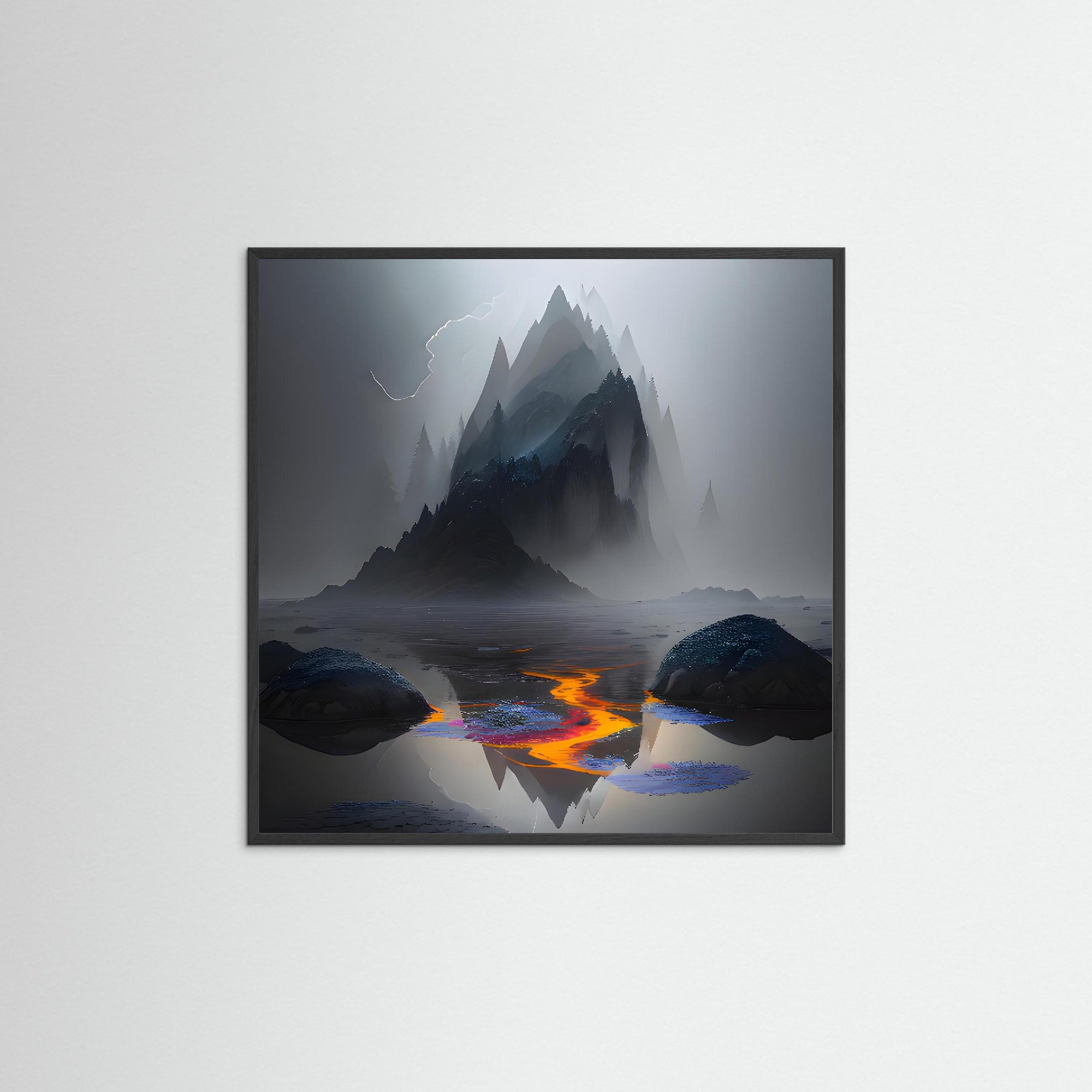 Volcanic Reflection als Kunstwerk mit schwarzem Echtholzrahmen