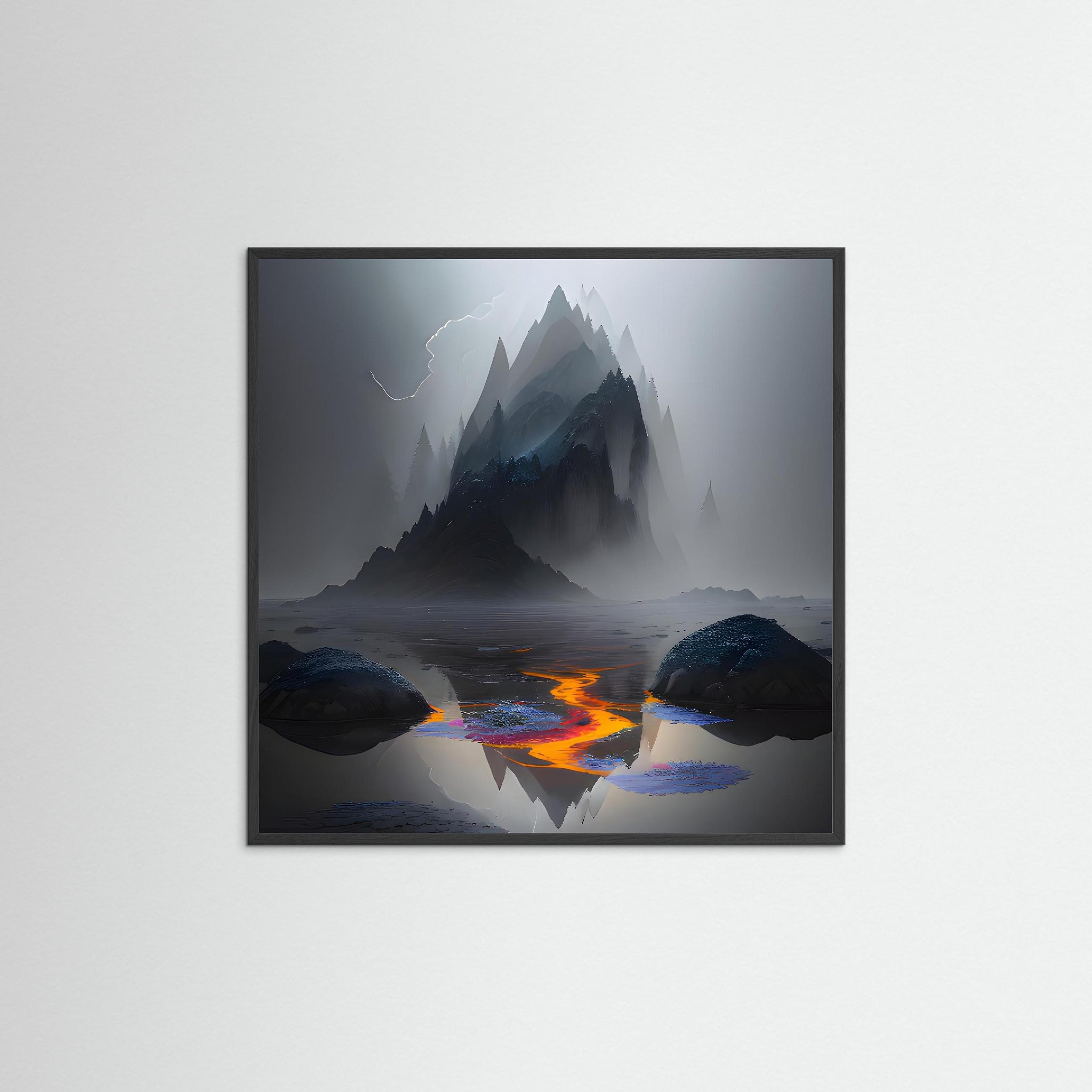 Volcanic Reflection als Kunstwerk mit schwarzem Echtholzrahmen