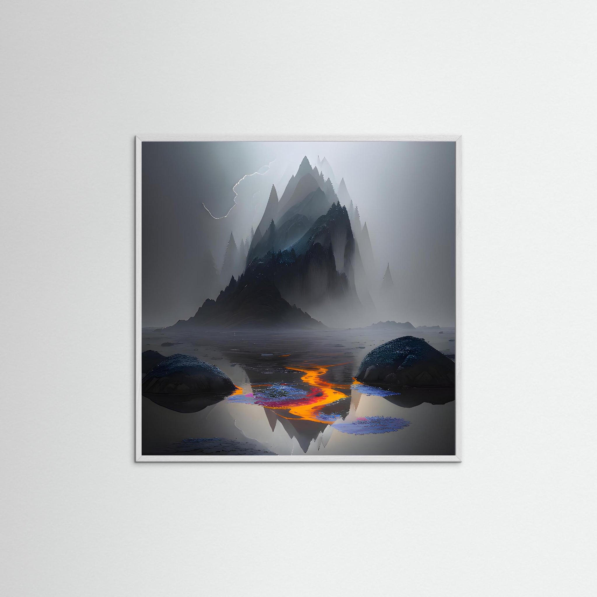 Volcanic Reflection als Kunstmotiv mit weißem Echtholzrahmen
