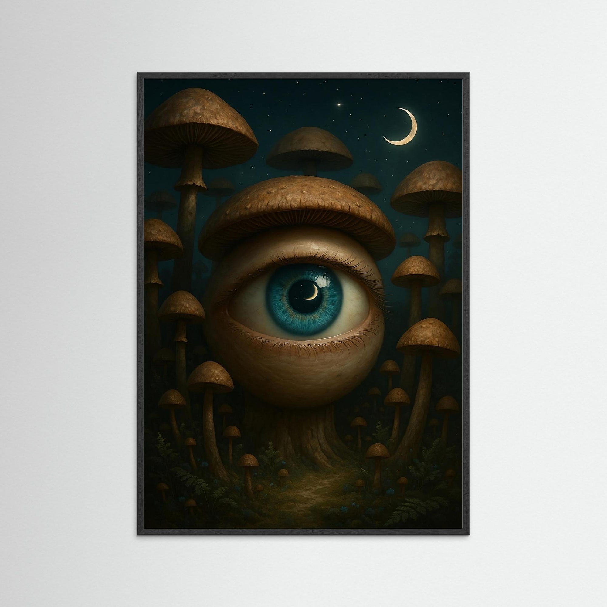 Watcher of the Fungi als Kunstwerk mit schwarzem Echtholzrahmen