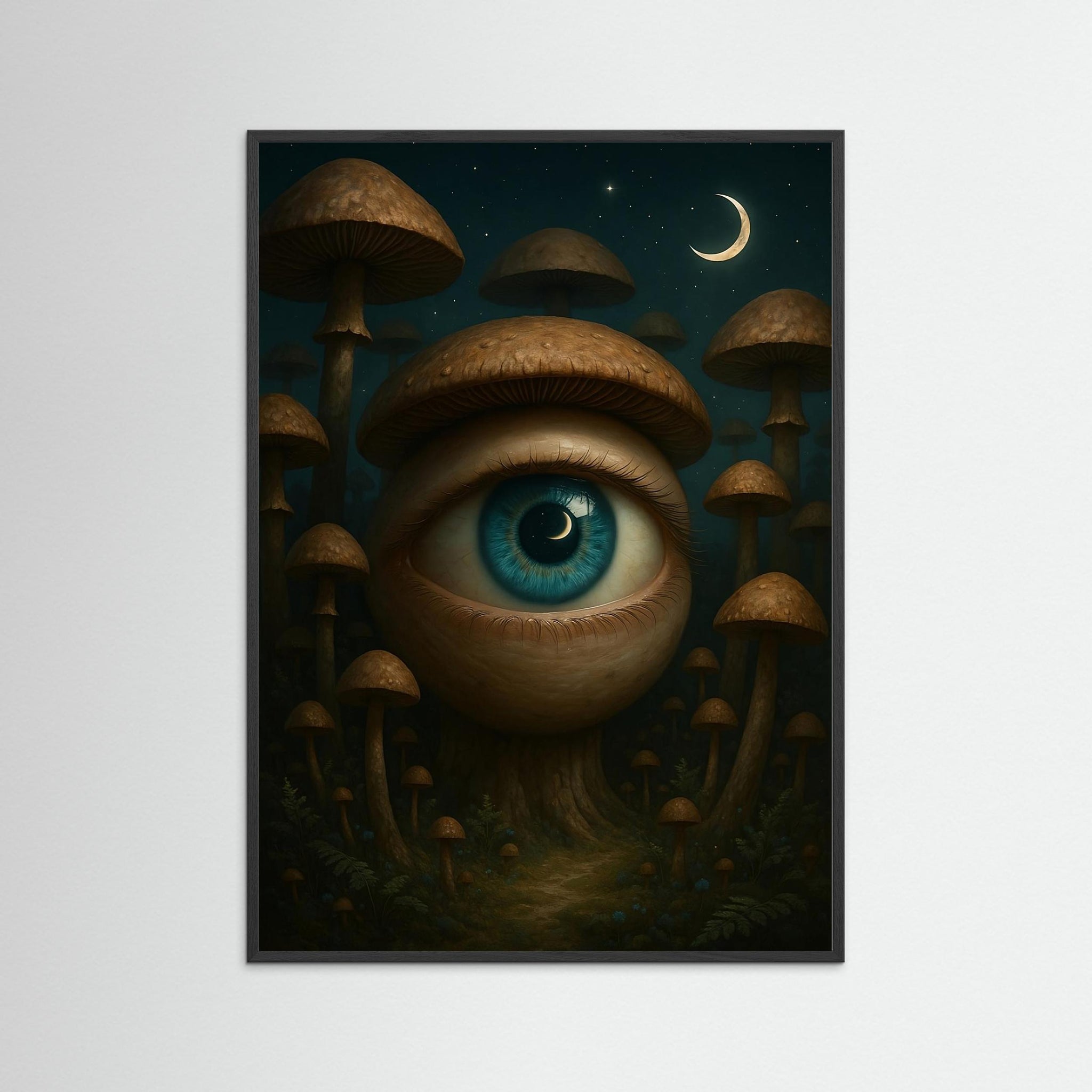 Watcher of the Fungi als Kunstwerk mit schwarzem Echtholzrahmen