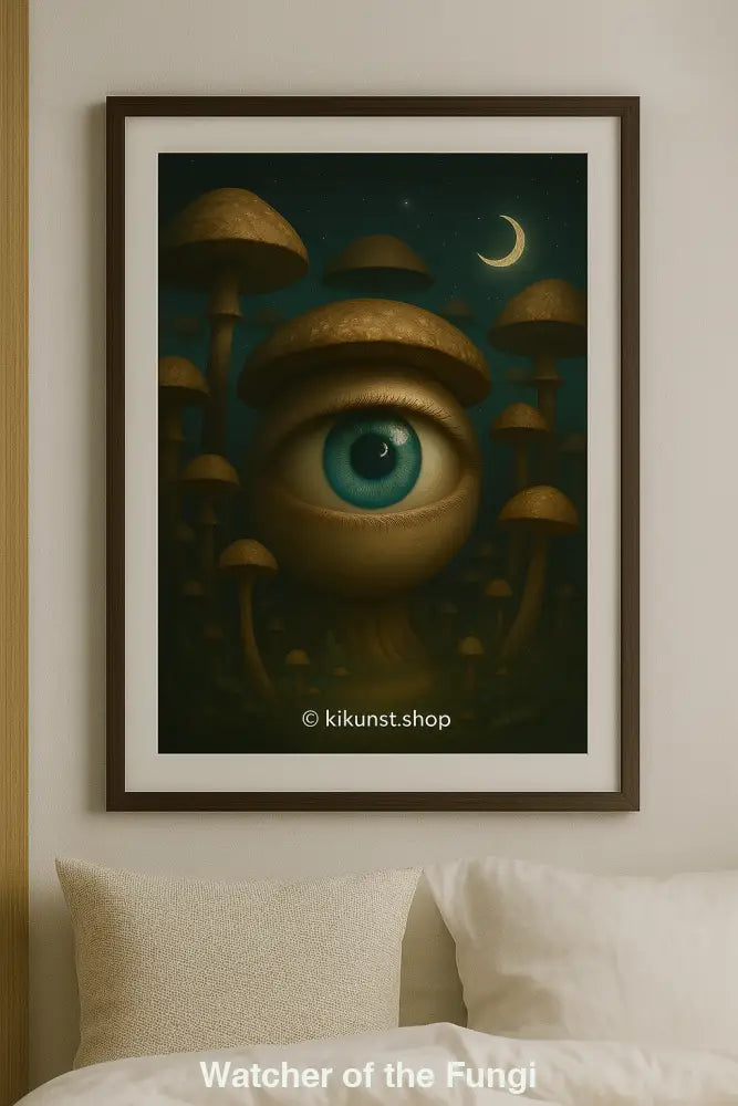 Gerahmte surreale Illustration eines riesigen blauen Auges in einem Pilzhut – nächtliche Szene über einem Bett mit sanfter Beleuchtung.