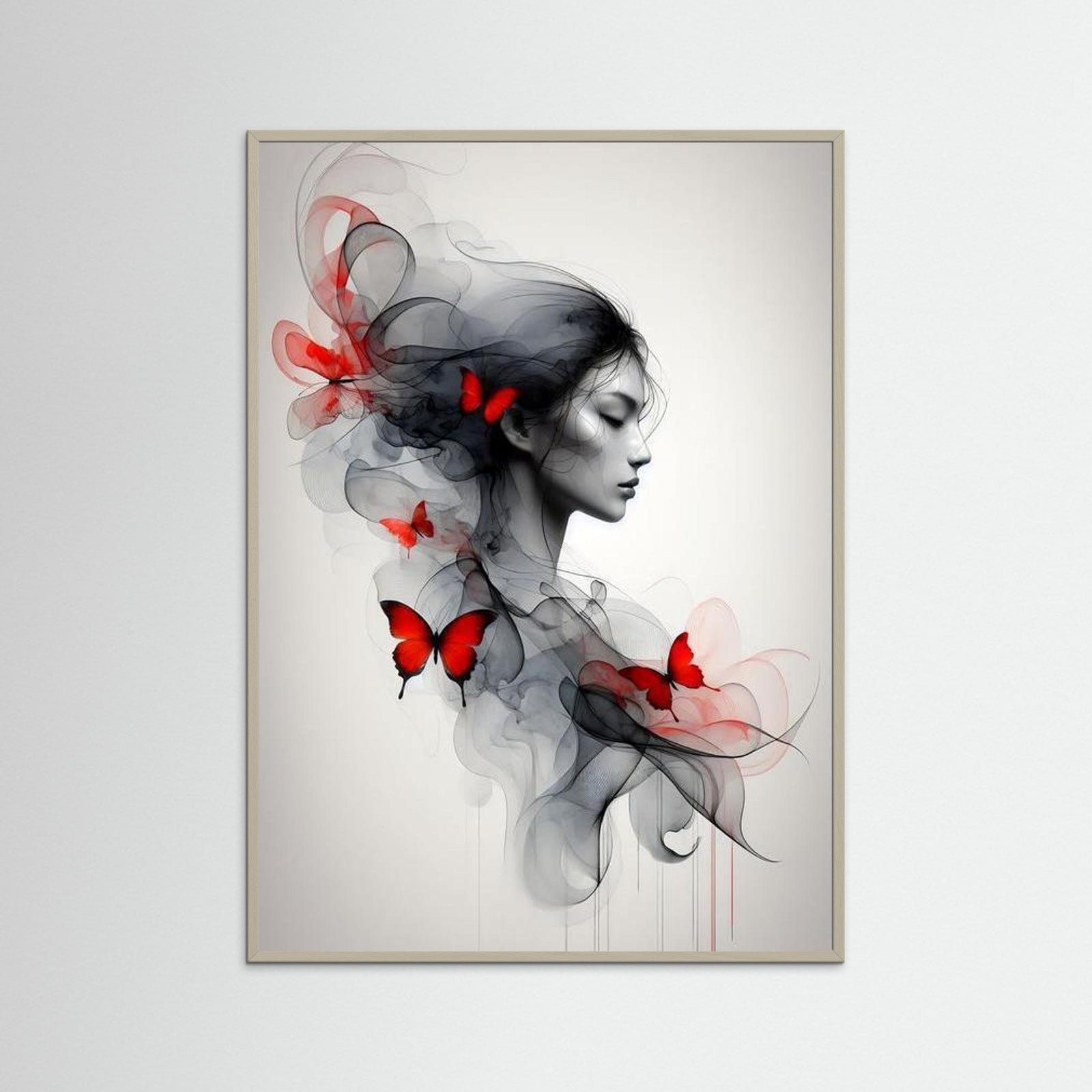 Whispering Red Wings als Kunstwerk mit grauem Echtholzrahmen