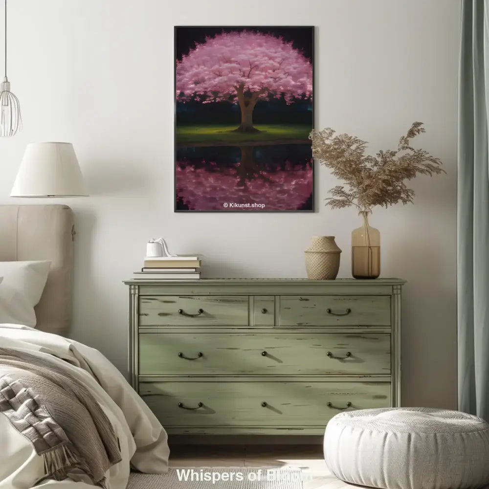 Leuchtender Kirschbaum in voller Blüte bei Nacht, gespiegelt im Wasser – traumhafte Naturillustration