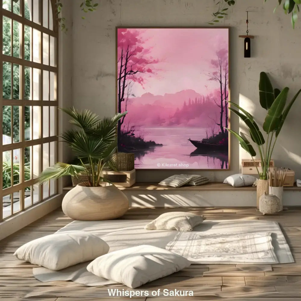 Zartrosa Kirschblüten und ein stilles Boot an einem See in malerischer Berglandschaft – digitales Kunstwerk