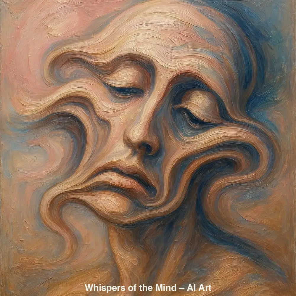 Whispers of the Mind – AI Art, surreal verzerrtes Porträt in Beige- und Blautönen mit weichen, fließenden Strukturen.