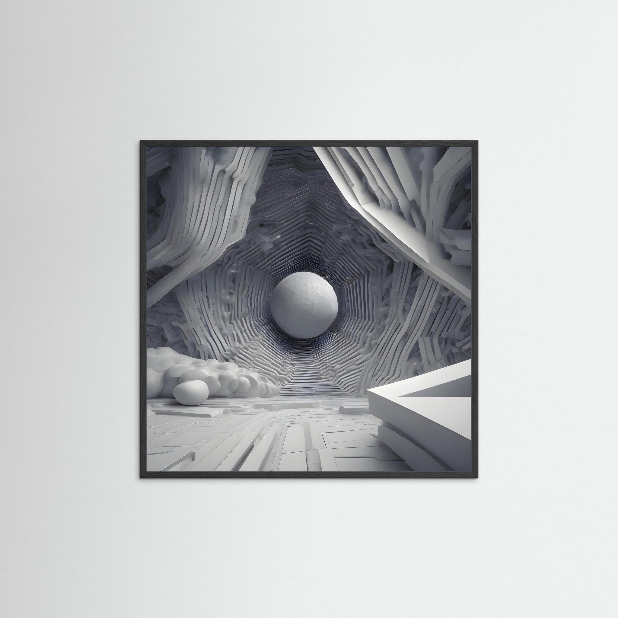 White Core als Kunstwerk mit schwarzem Echtholzrahmen