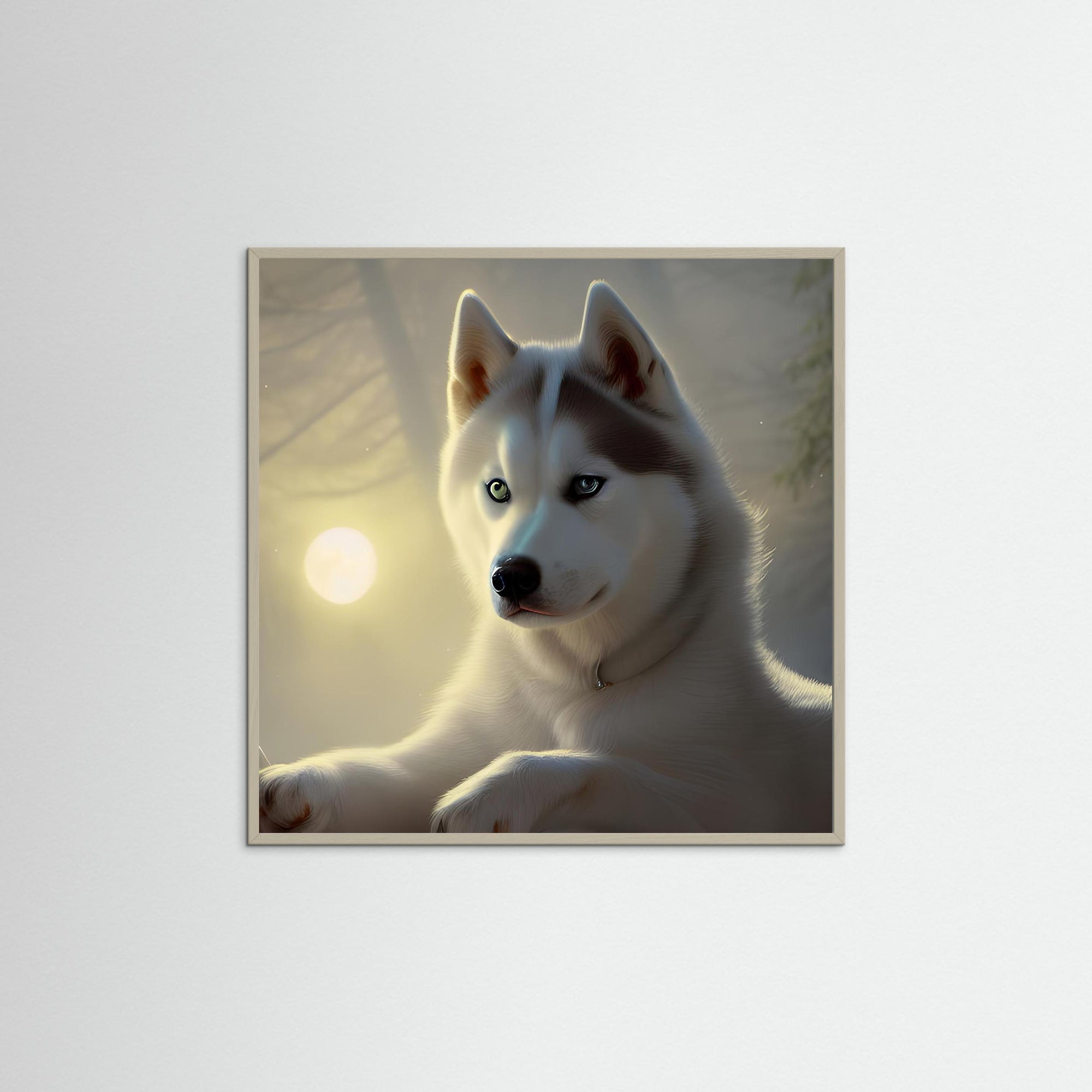 White Husky als Kunstwerk mit grauem Echtholzrahmen
