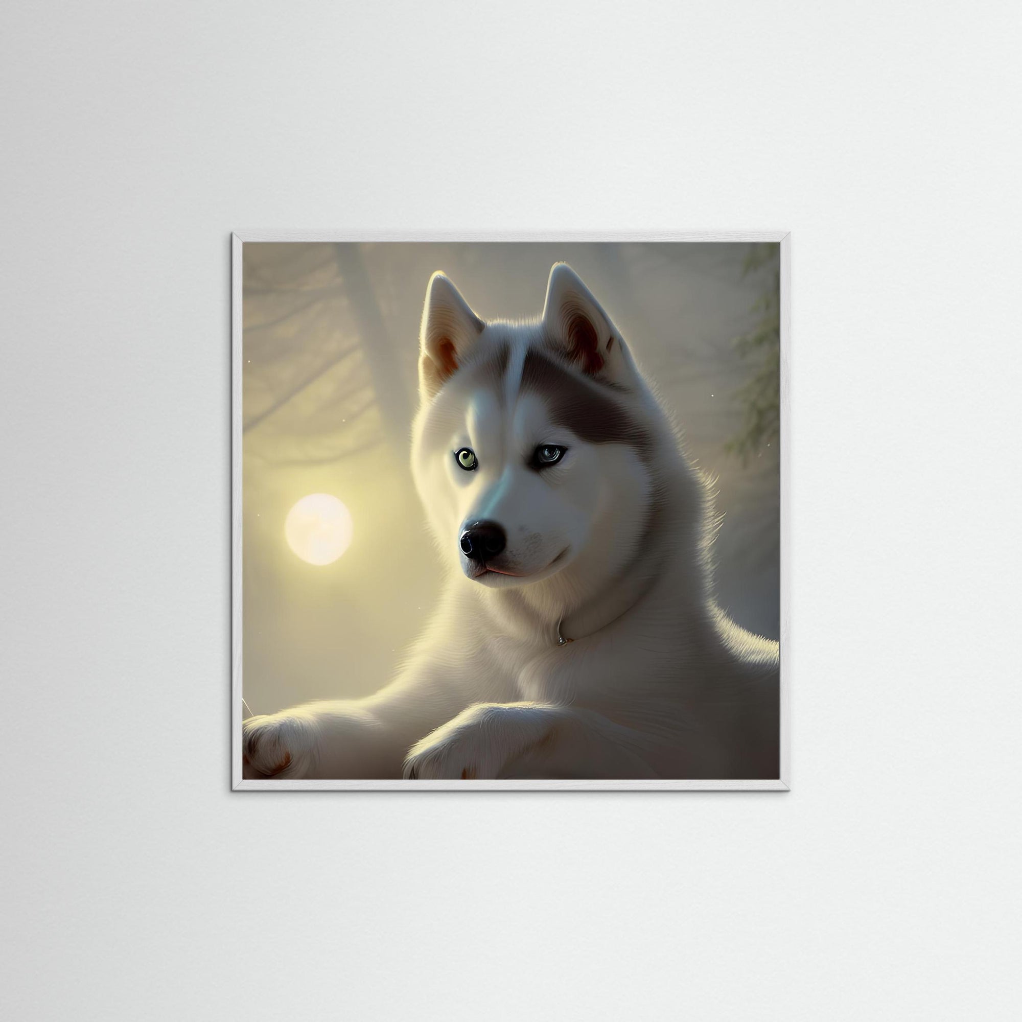 White Husky als Kunstmotiv mit weißem Echtholzrahmen