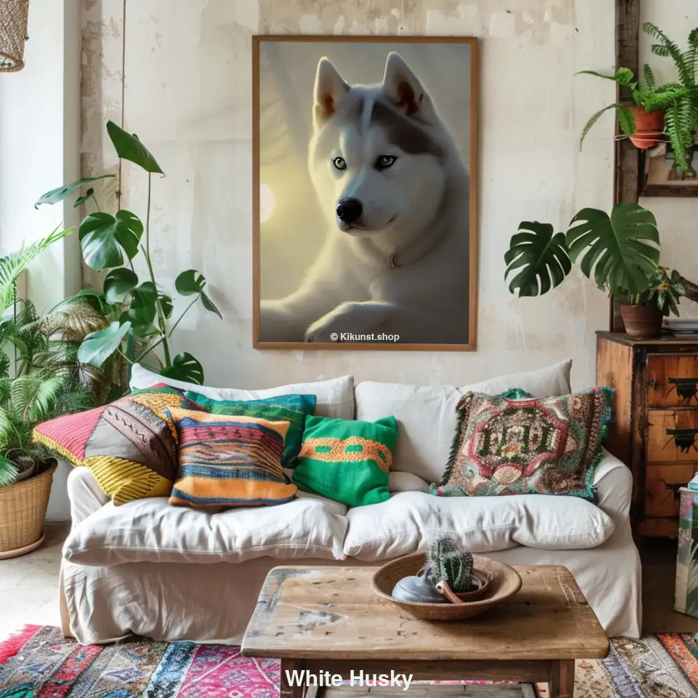 Digitales Kunstwerk eines weißen Huskys mit verschiedenfarbigen Augen im mystischen Mondlicht