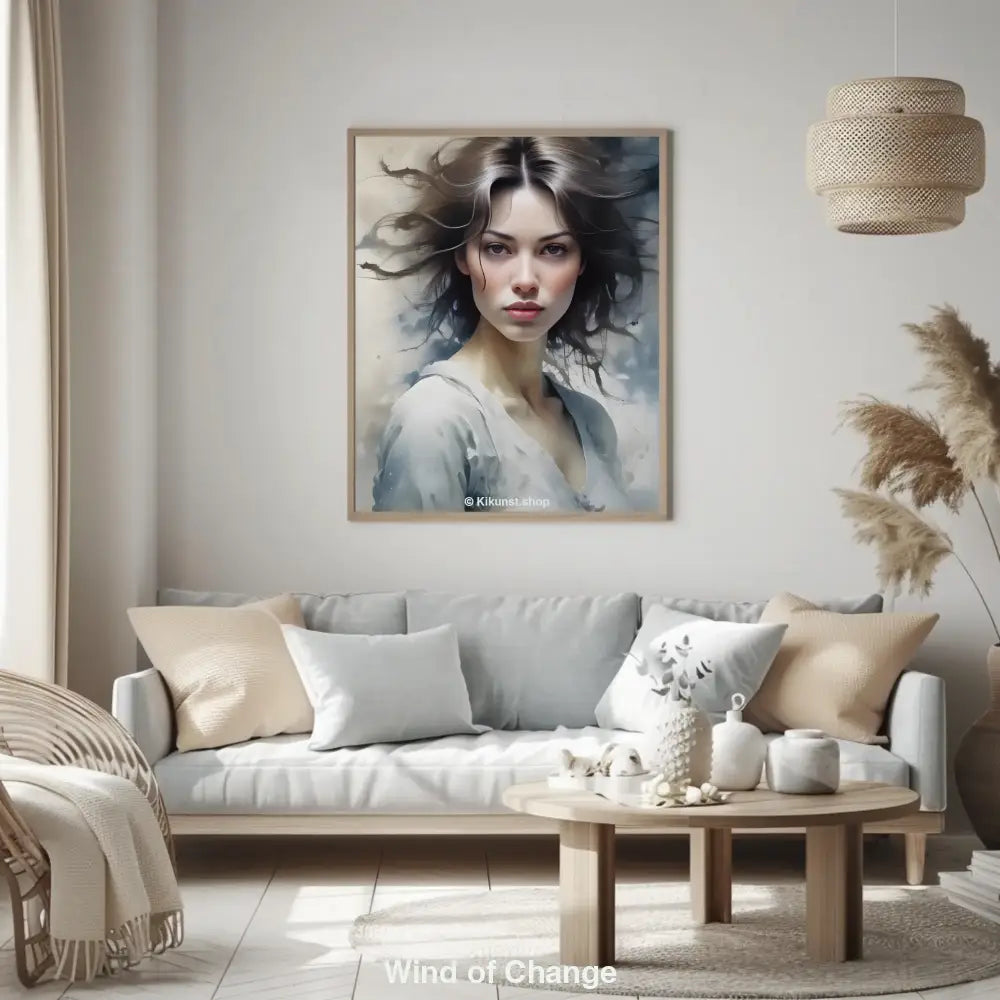 Porträt einer jungen Frau mit wehendem Haar in zartem Aquarell-Look – digitaler Kunst-Mockup