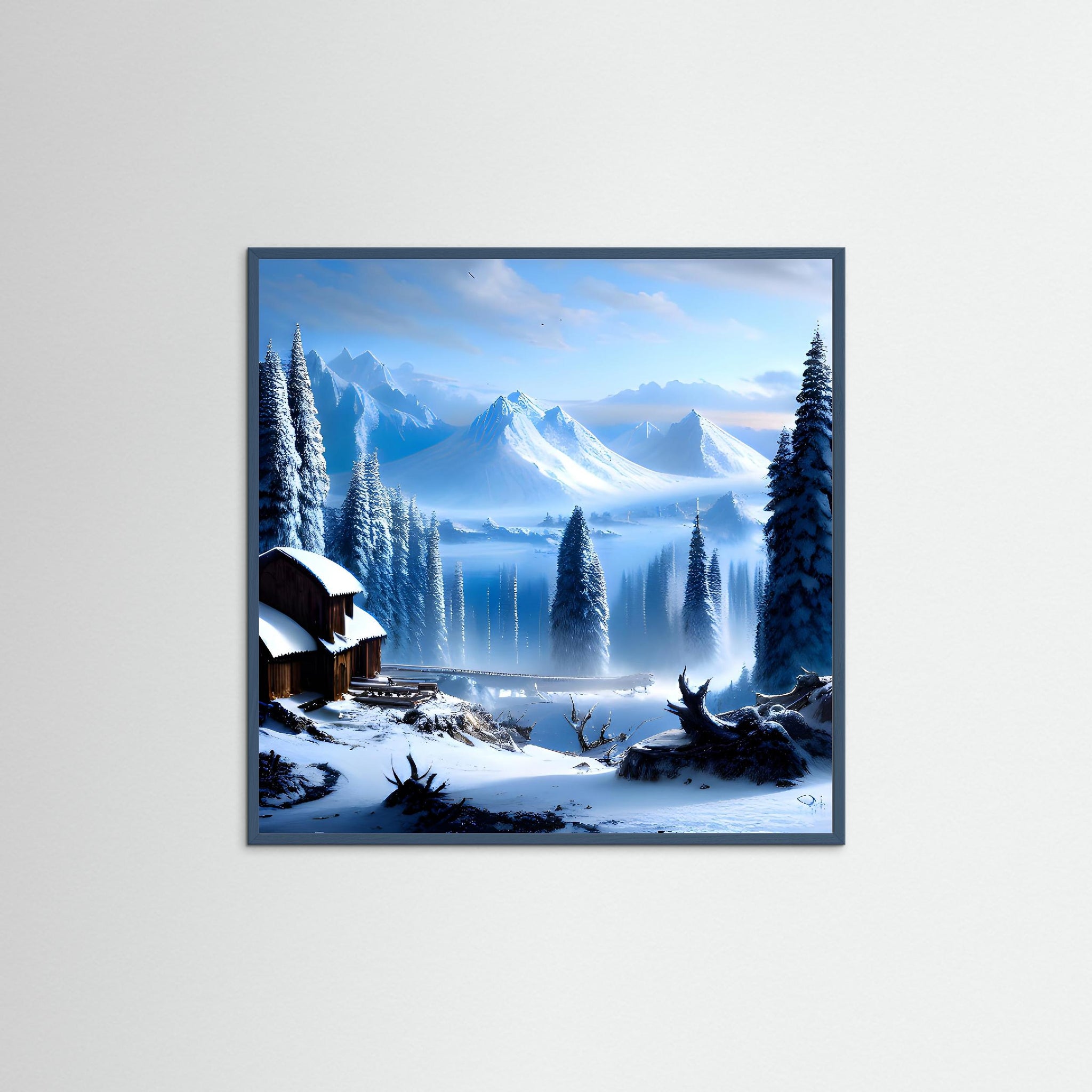 Winter Landscape als Kunstwerk mit Echtholzrahmen in Petrol