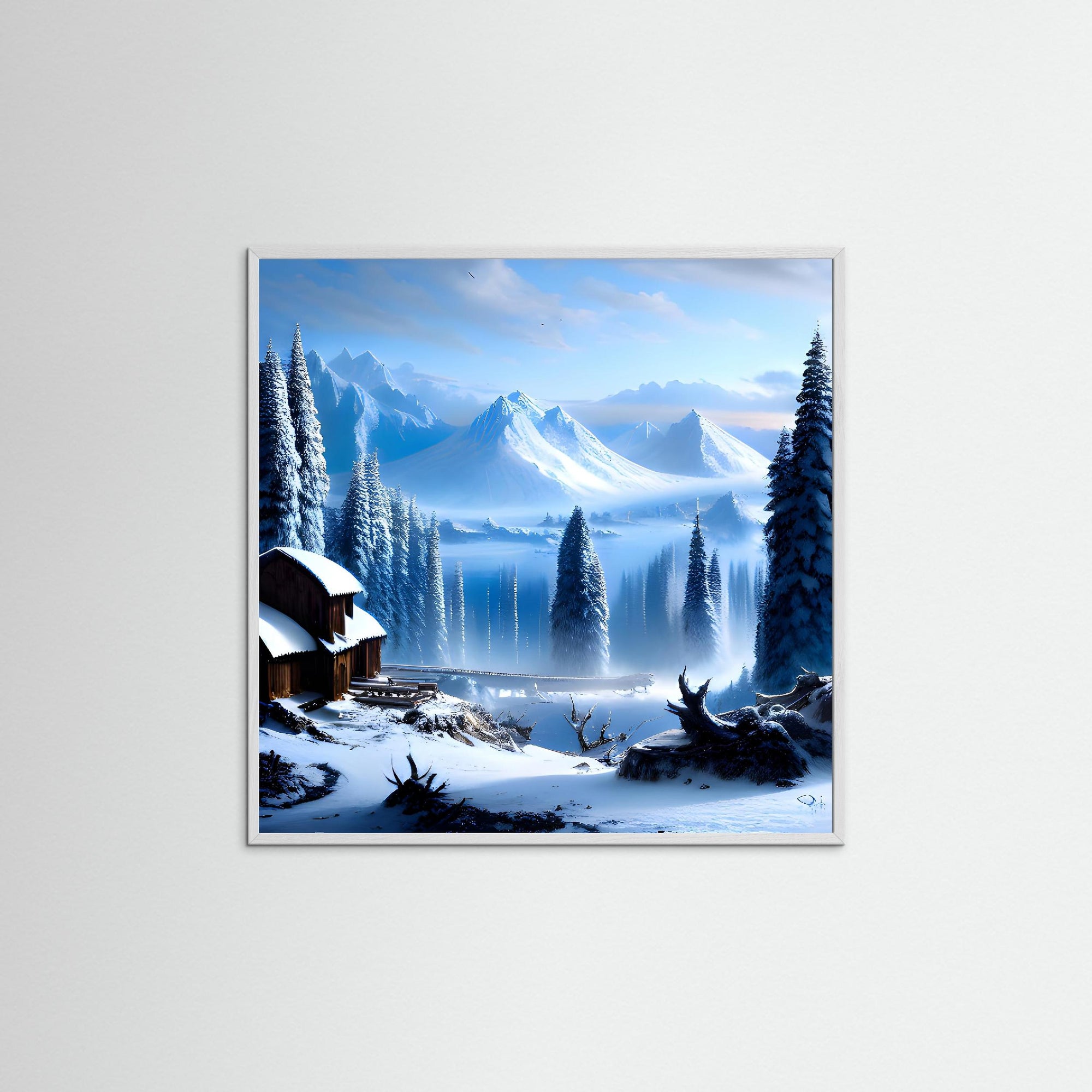 Winter Landscape als Kunstmotiv mit weißem Echtholzrahmen