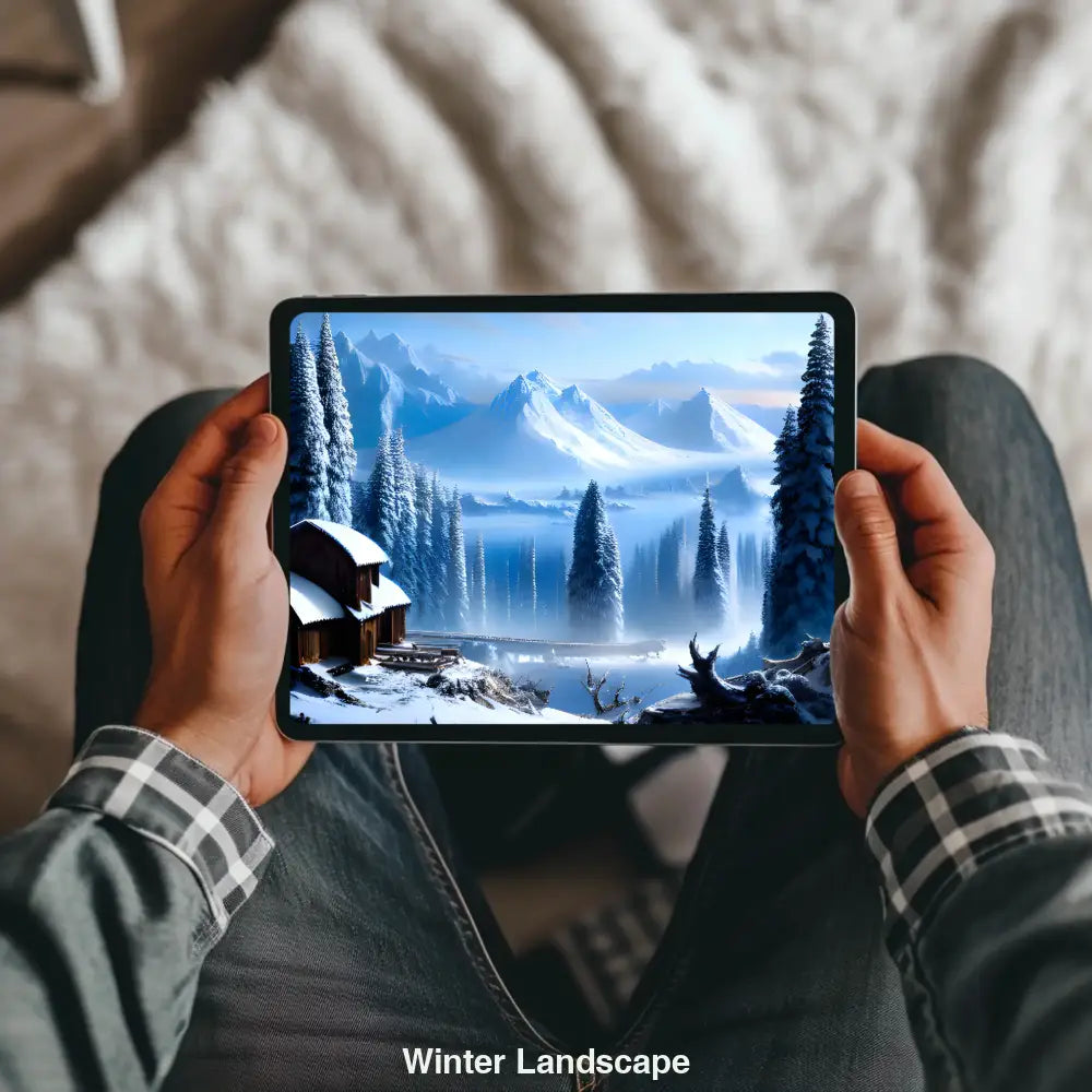 Idyllische Winterlandschaft mit Hütte, verschneiten Bäumen und majestätischen Bergen im Hintergrund