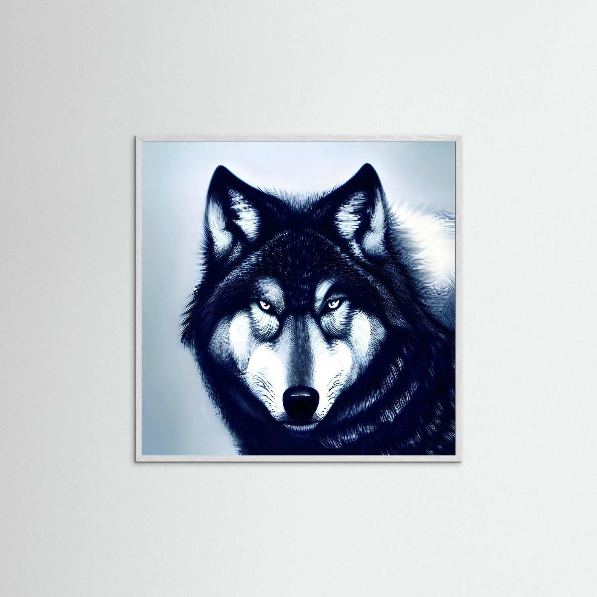 Winter Wolf als Kunstmotiv mit weißem Echtholzrahmen
